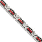 Stainless Steel Polished with Black Carbon Fiber and Red Fiberglass Inlay Link Bracelet for Men