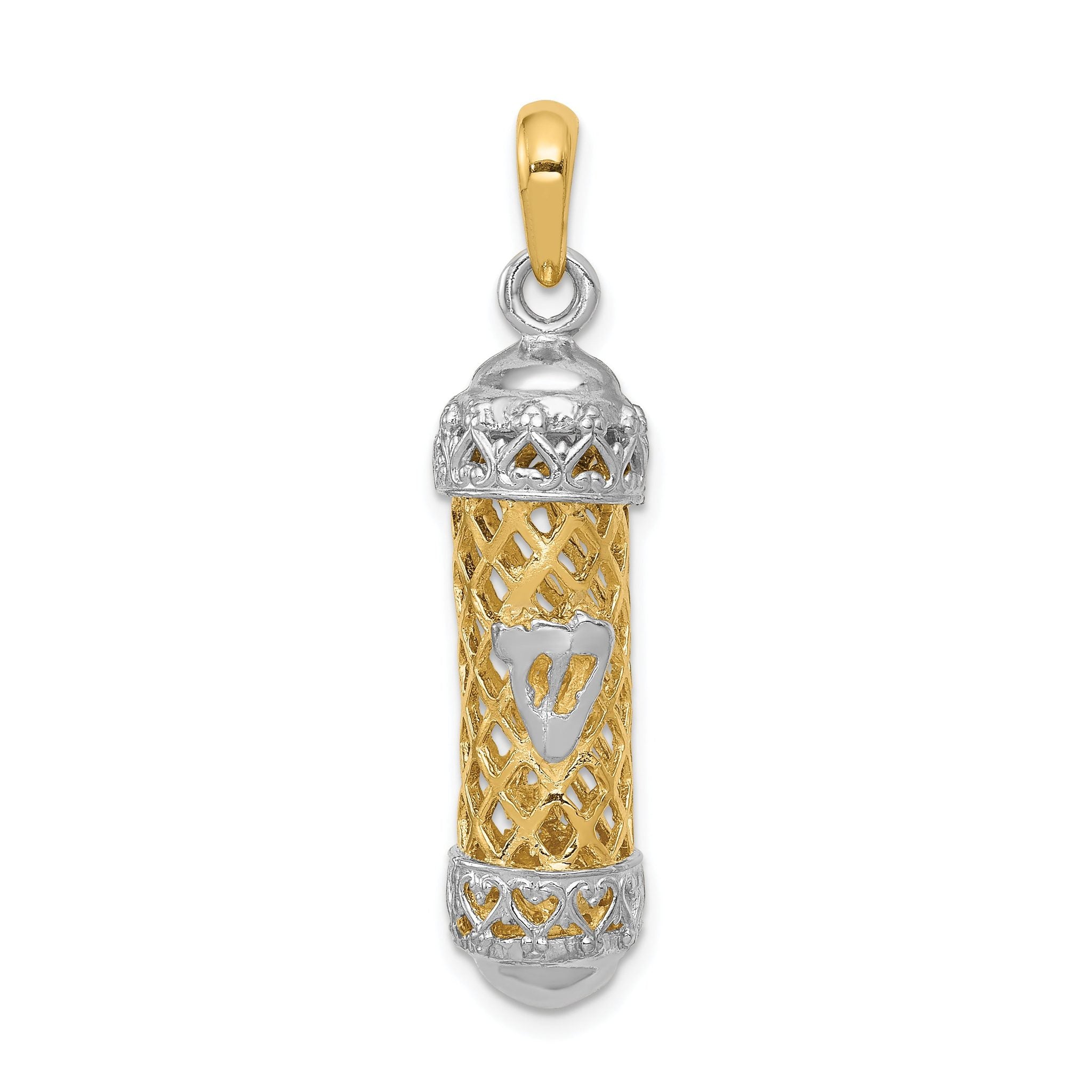 14K Two-Tone Gold 3D Mezuzah Pendant with Polished Shin Charm Main image