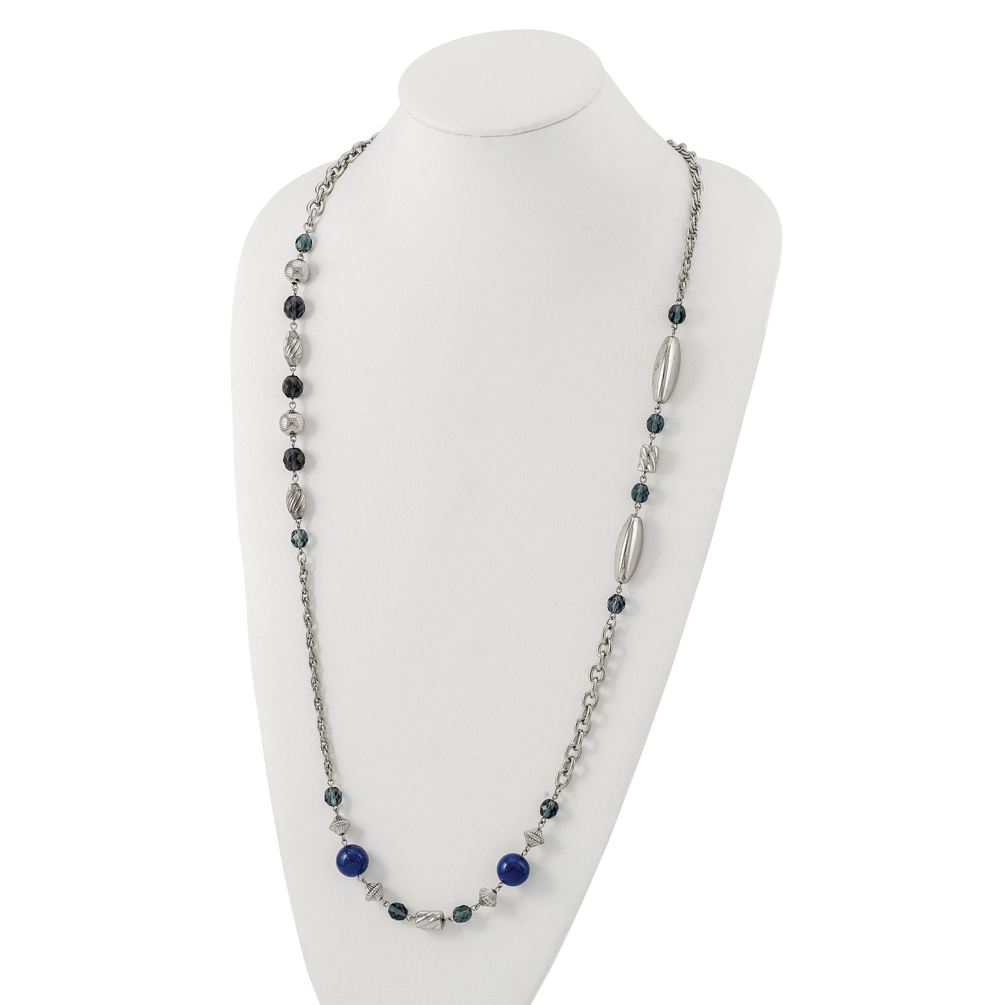 1928 Jewelry Silver-tone Link Textured Beads Blue Beads and Blue Faceted Crystals 44 inch Necklace