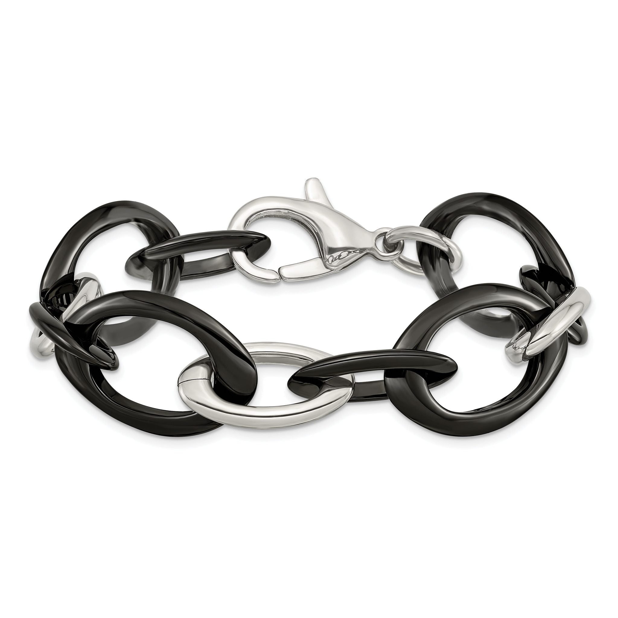 Stainless Steel Polished with Black Ceramic Open Link Bracelet