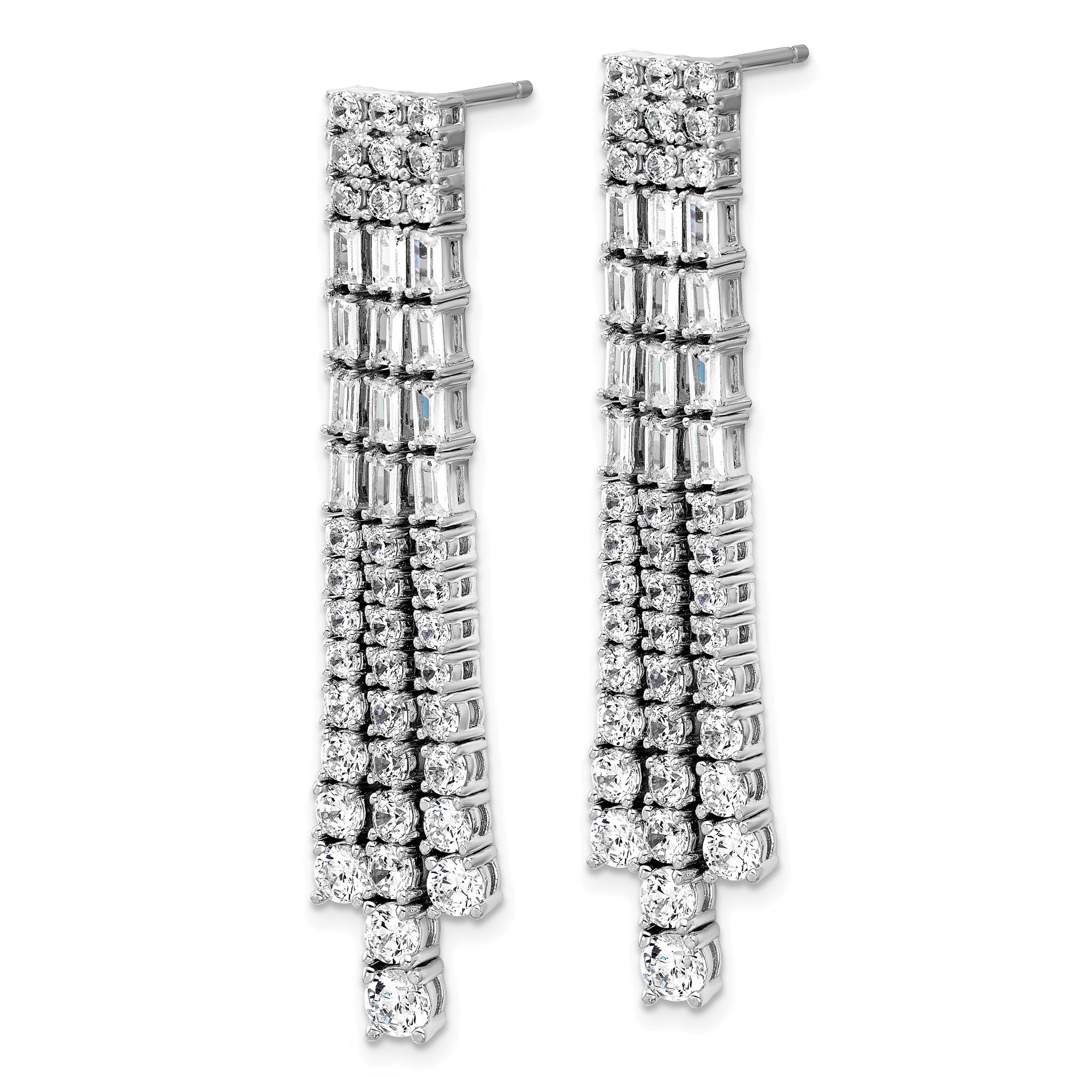 Cheryl M Sterling Silver Rhodium-plated Polished Fancy 3-Row CZ Post Dangle Earrings Secondary image
