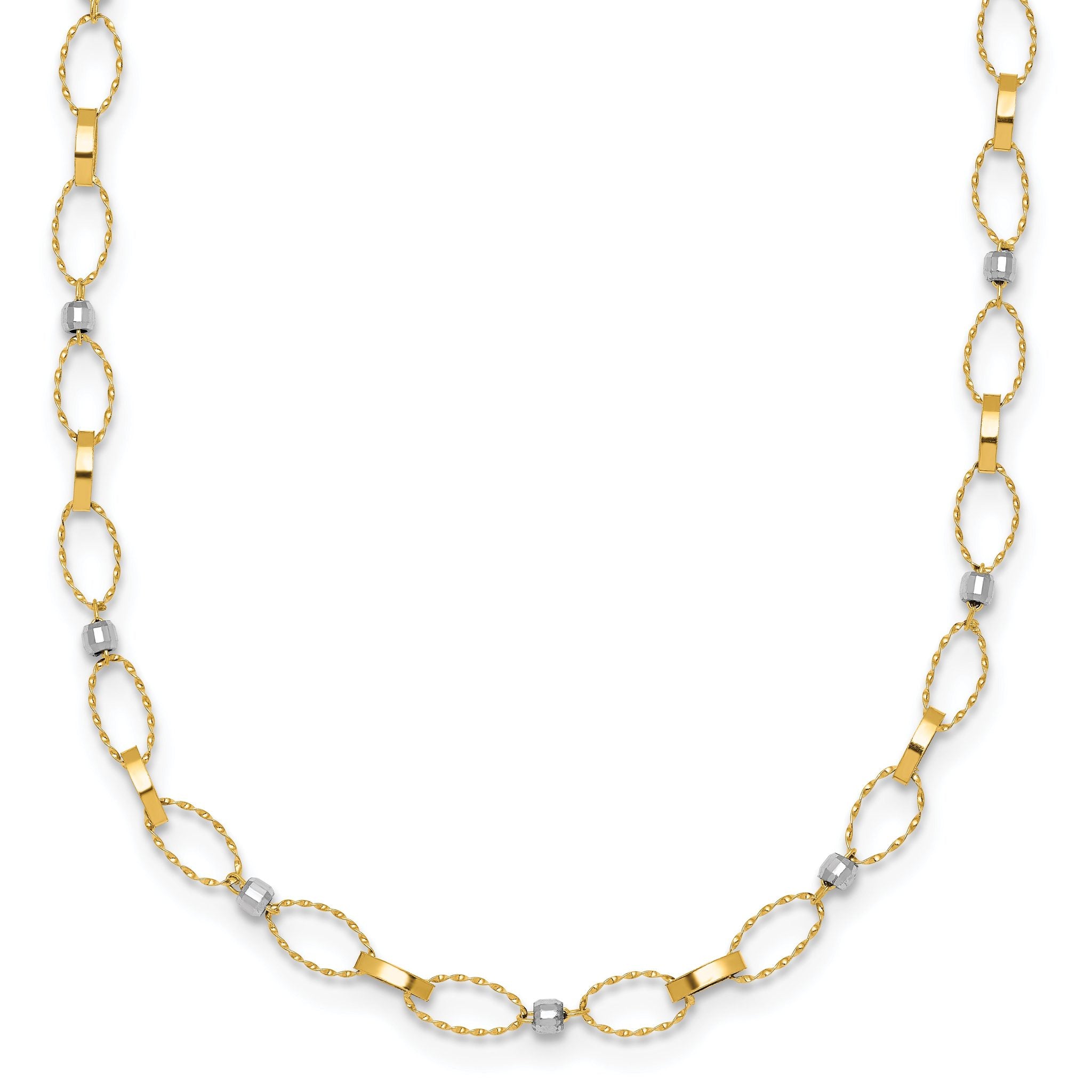 14k Two-tone Polished and Twisted Fancy Oval Links and Faceted Beads 18 inch Necklace Main image