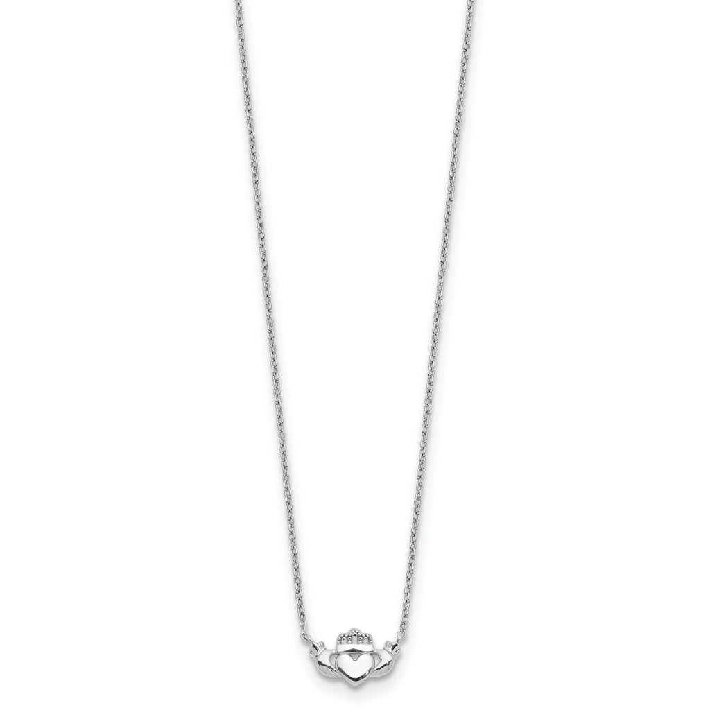 Sophia Jewelers 14K White Gold Claddagh Necklace with Polished Rhodium Finish