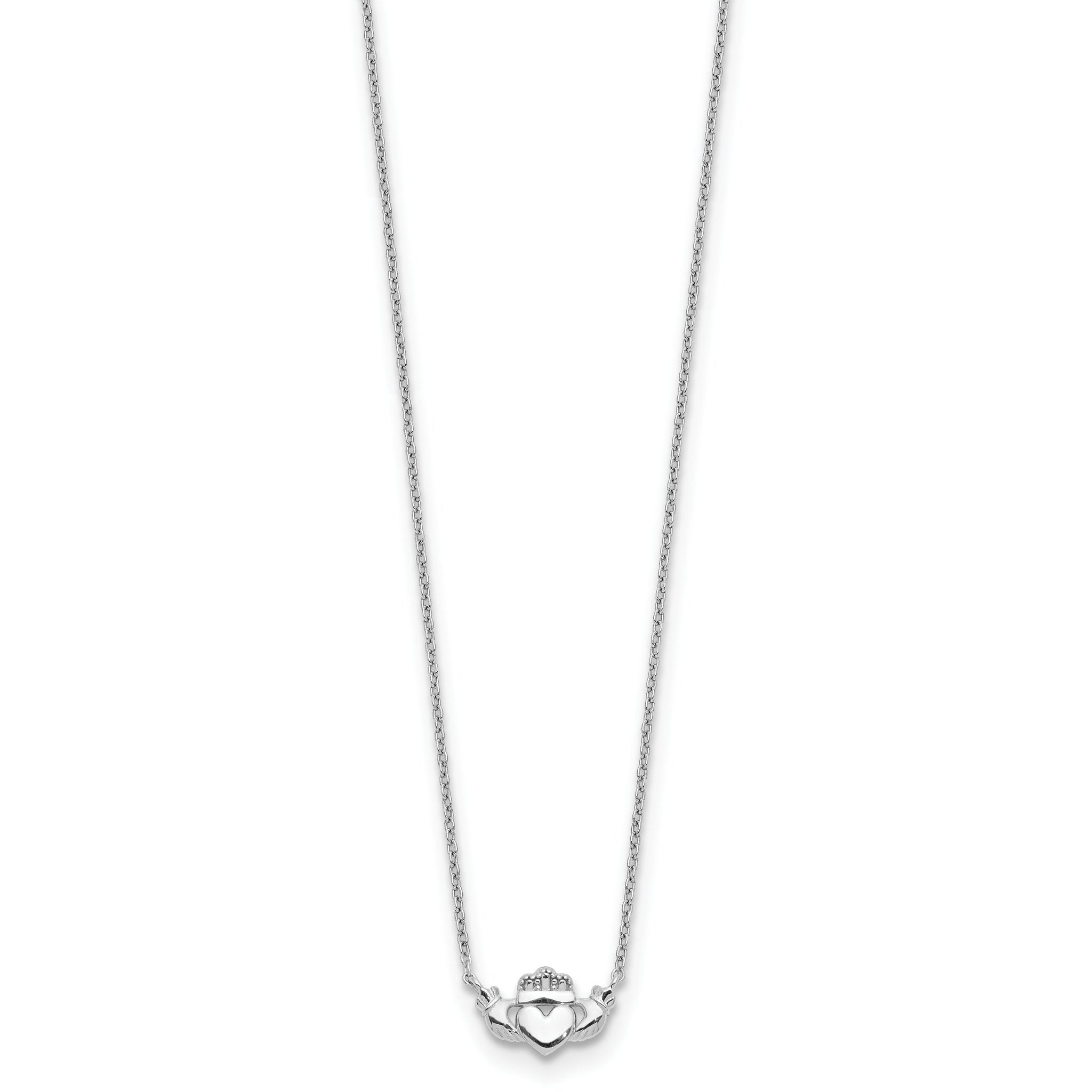 Sophia Jewelers 14K White Gold Claddagh Necklace with Polished Rhodium Finish