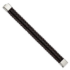 Stainless Steel Polished Brown Braided Leather Bracelet for Men