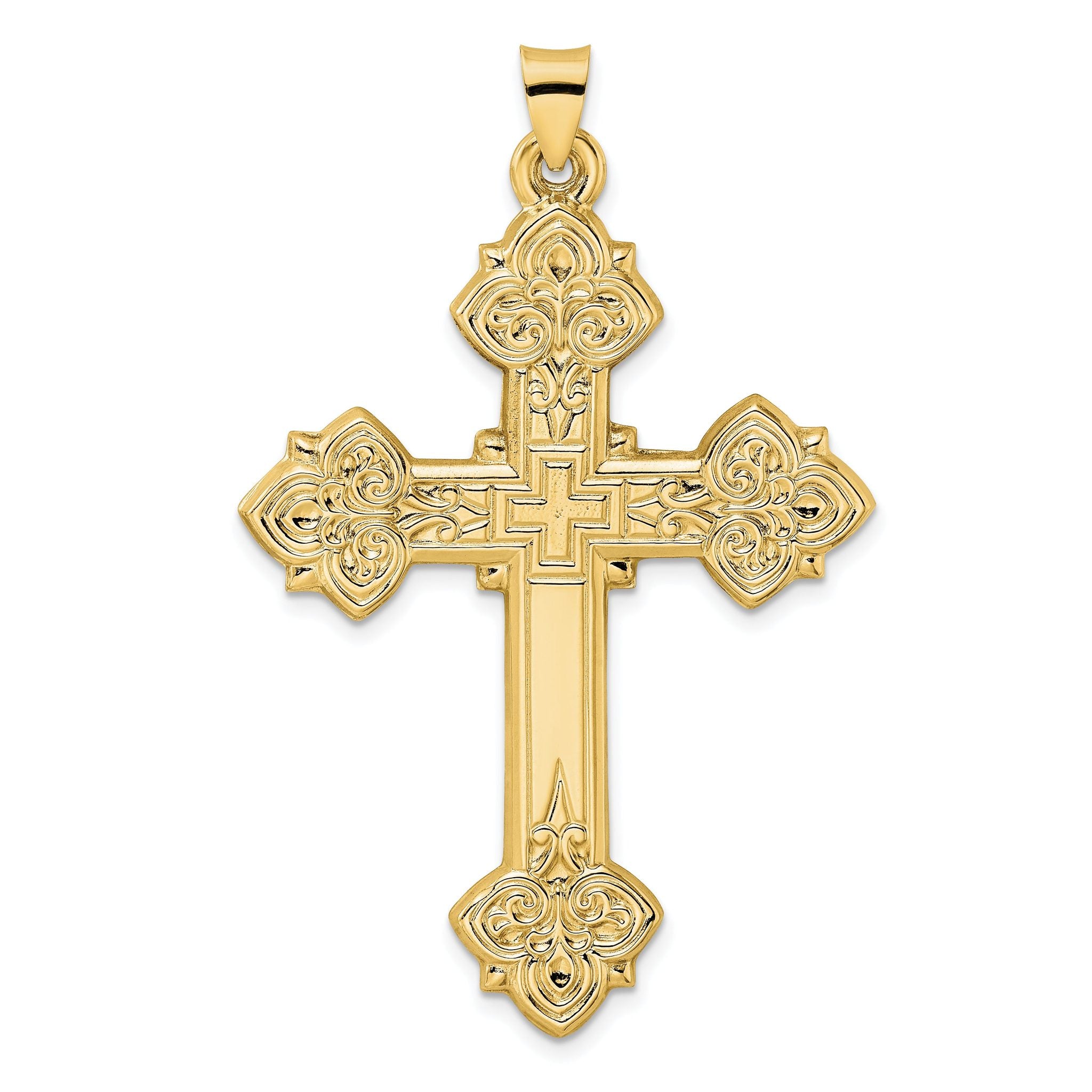 14k Polished Hollow Fancy Fleur de Lis Cross Pendant Main image