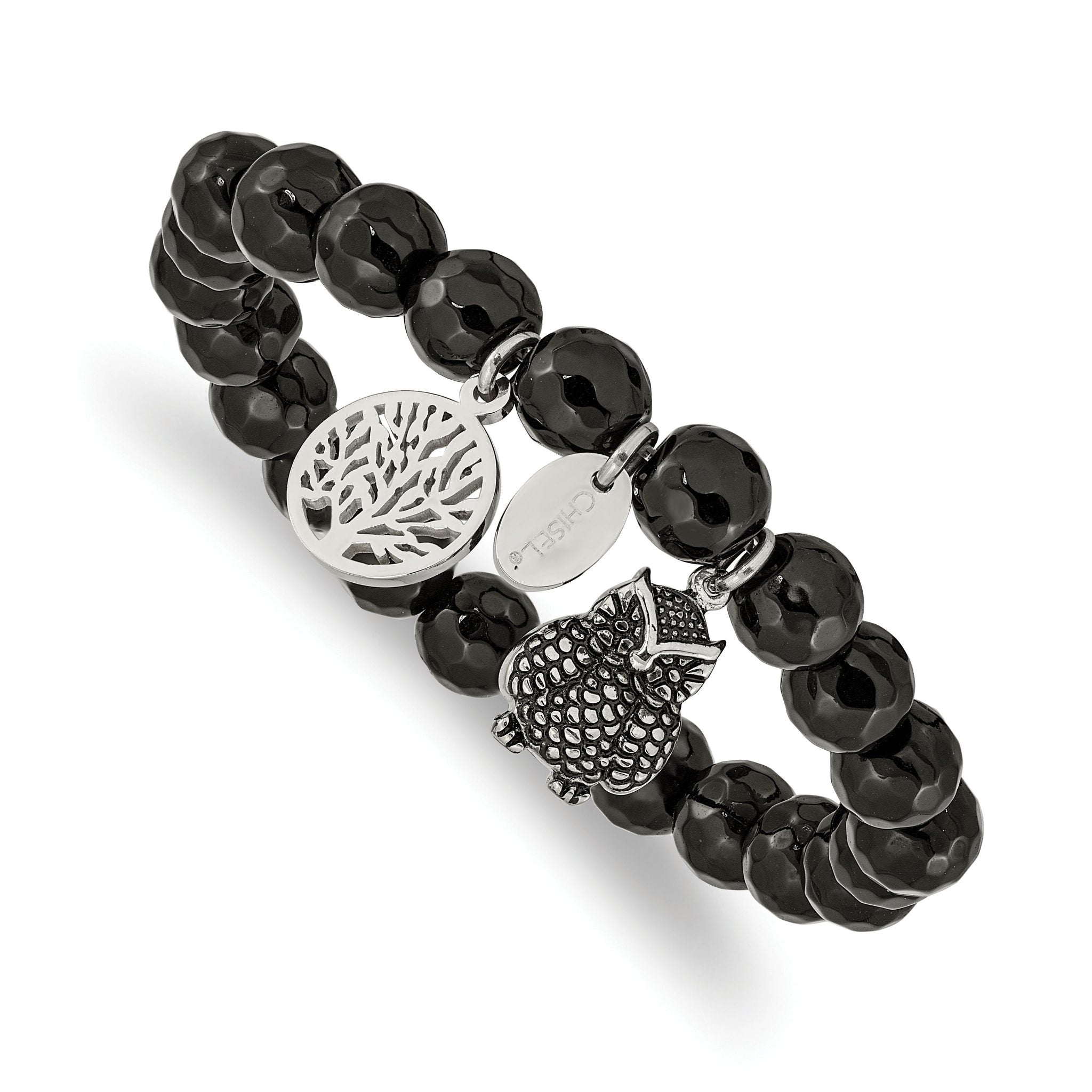 Stainless Steel Antiqued and Polished Owl and Tree of Life 8mm Black Jade Beaded Stretch Bracelet for Women Main image