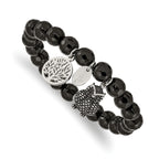 Stainless Steel Antiqued and Polished Owl and Tree of Life 8mm Black Jade Beaded Stretch Bracelet for Women
