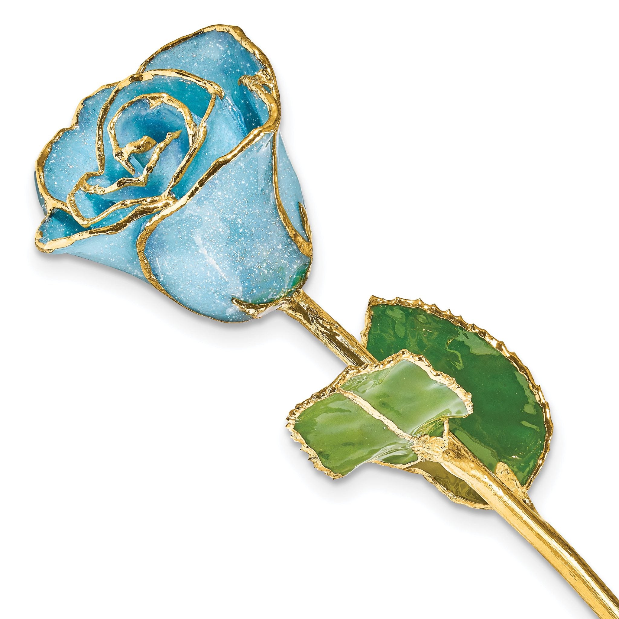 Light Blue Lacquer Dipped Gold Trimmed with Glitter Real Rose