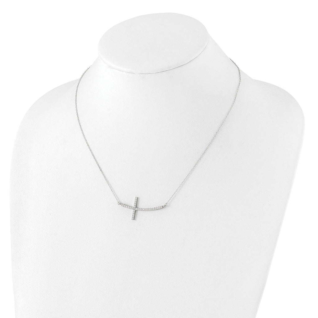 Sterling Silver Rhodium-plated CZ Sideways Cross With 2in Ext Necklace