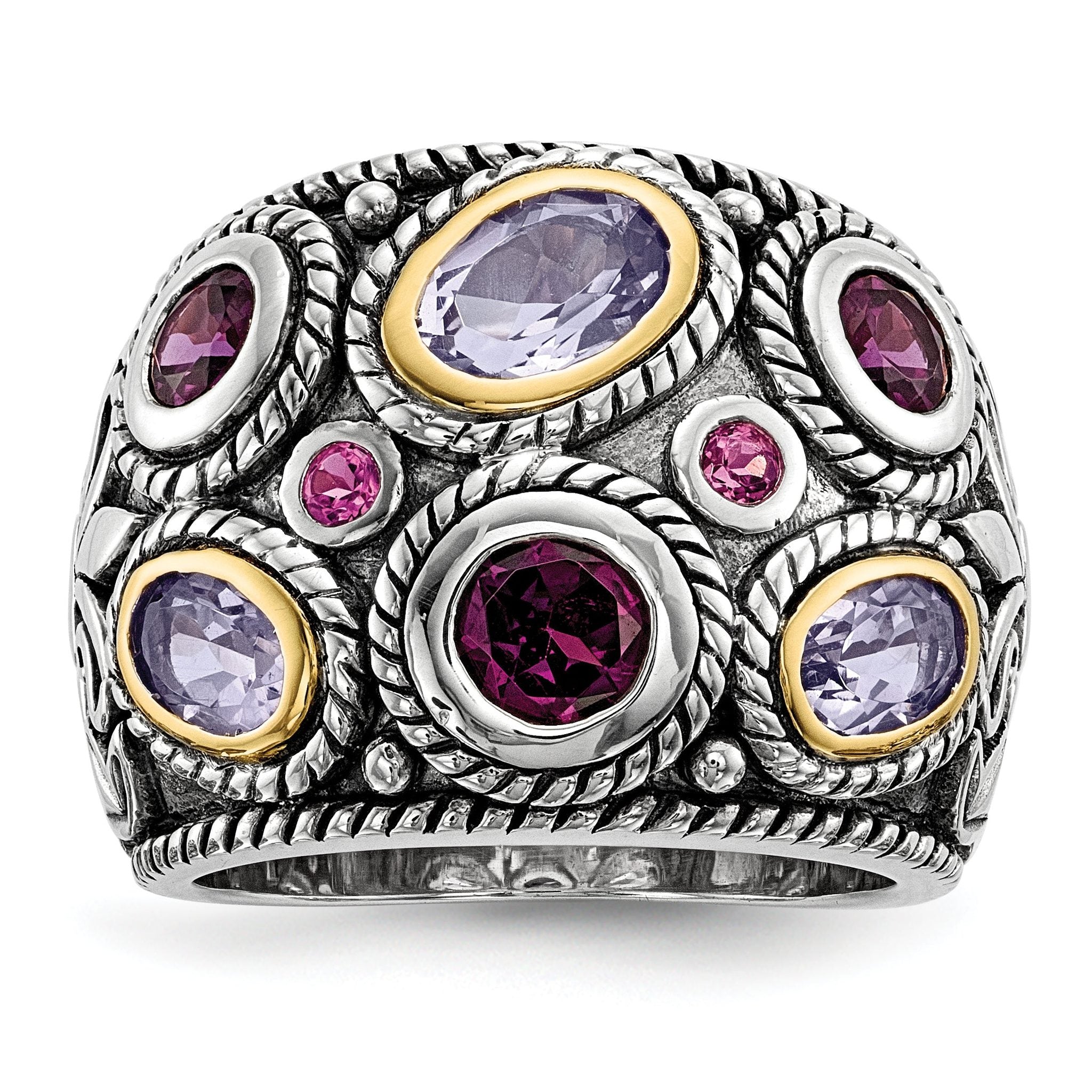 Sterling Silver Rhod. With 14k Pink Qrtz Rhodolite GA & Pink Tourmaline Ring