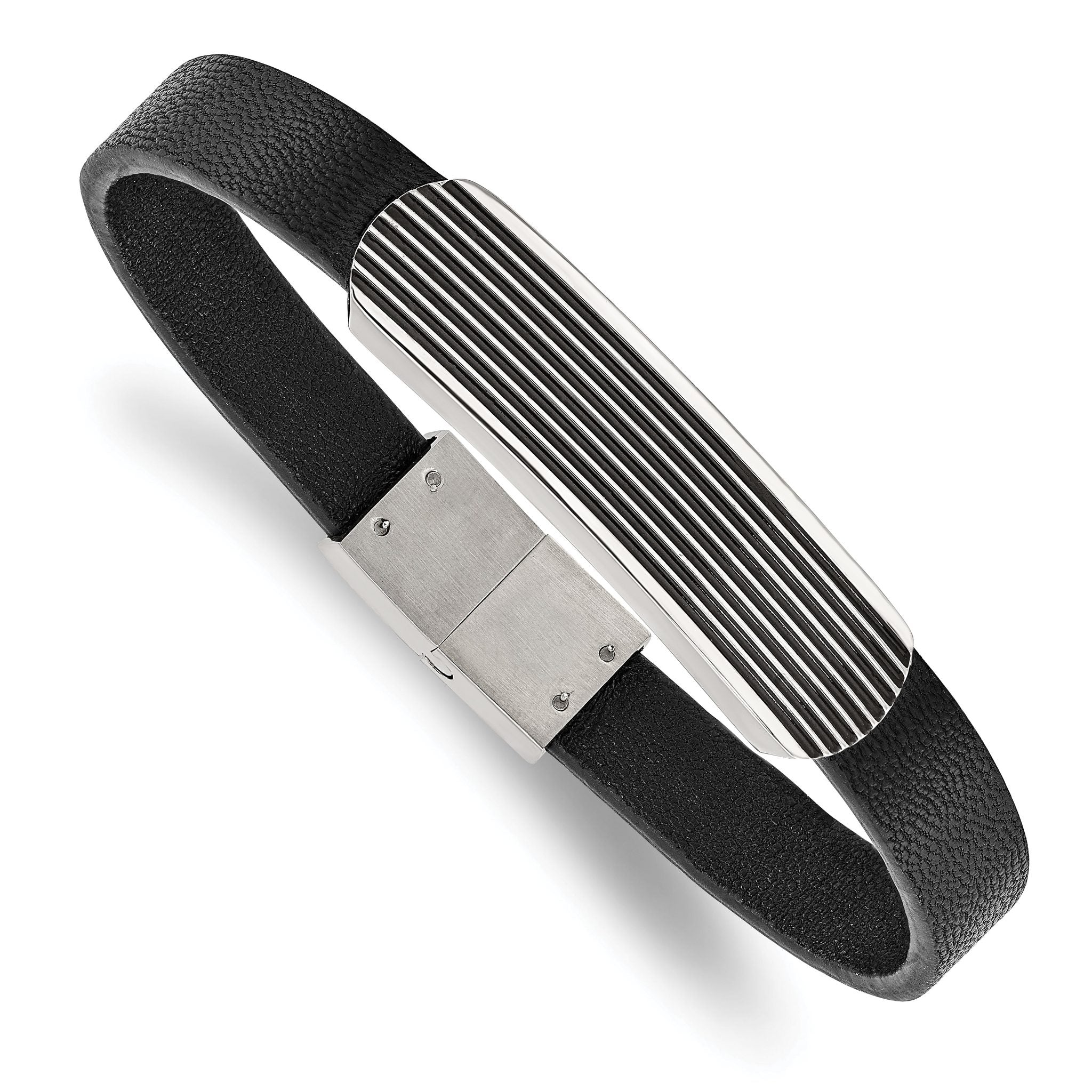 Stainless Steel Polished Enameled Striped Black Leather Bracelet for Men Main image