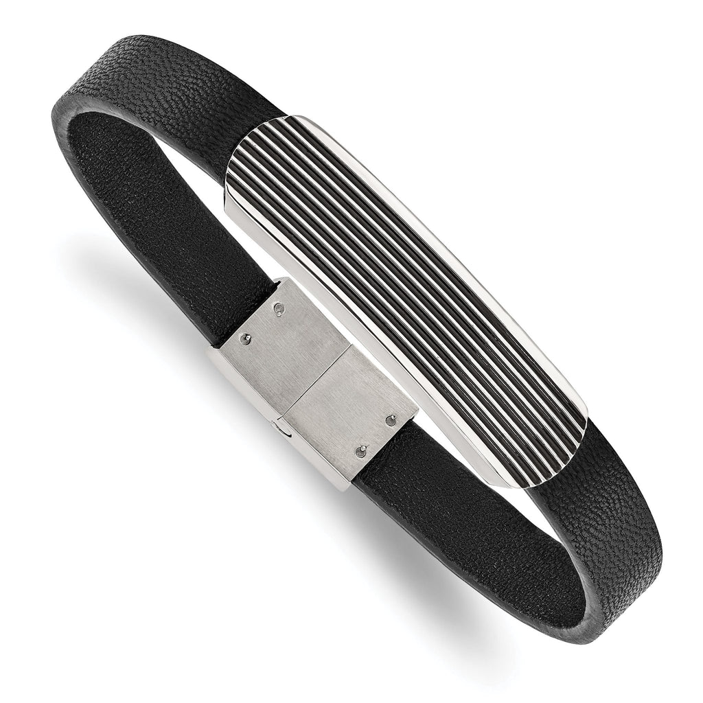 Stainless Steel Polished Enameled Striped Black Leather Bracelet for Men