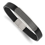 Stainless Steel Polished Enameled Striped Black Leather Bracelet for Men