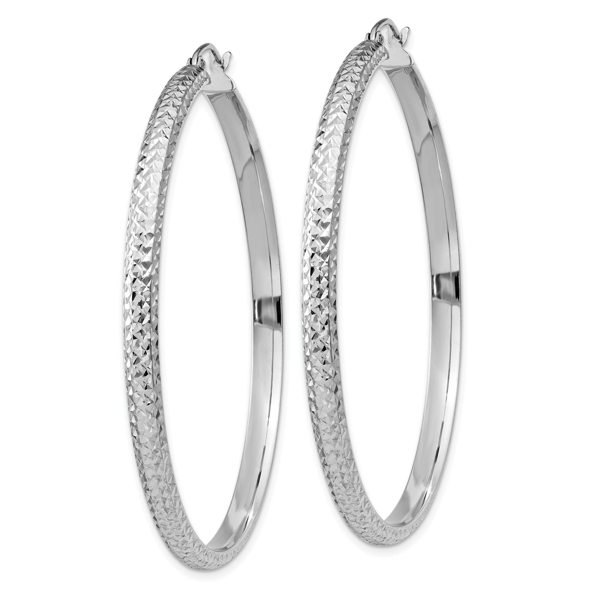 14K White Gold Diamond-cut 3.5x52mm Hollow Hoop Earrings Secondary image