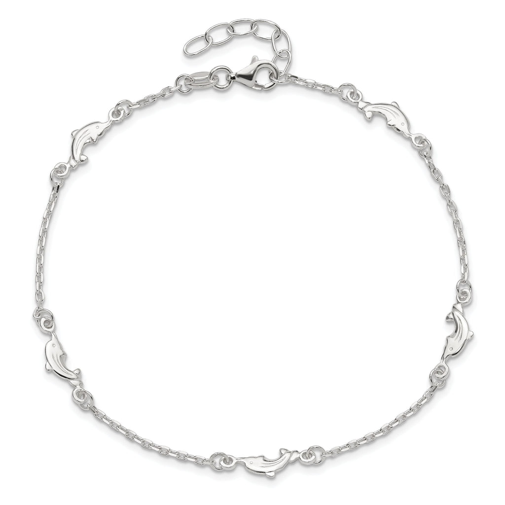 Sterling Silver Dolphin 5-Station 9 inch Plus 1 inch Extender - Total 10 inch Anklet