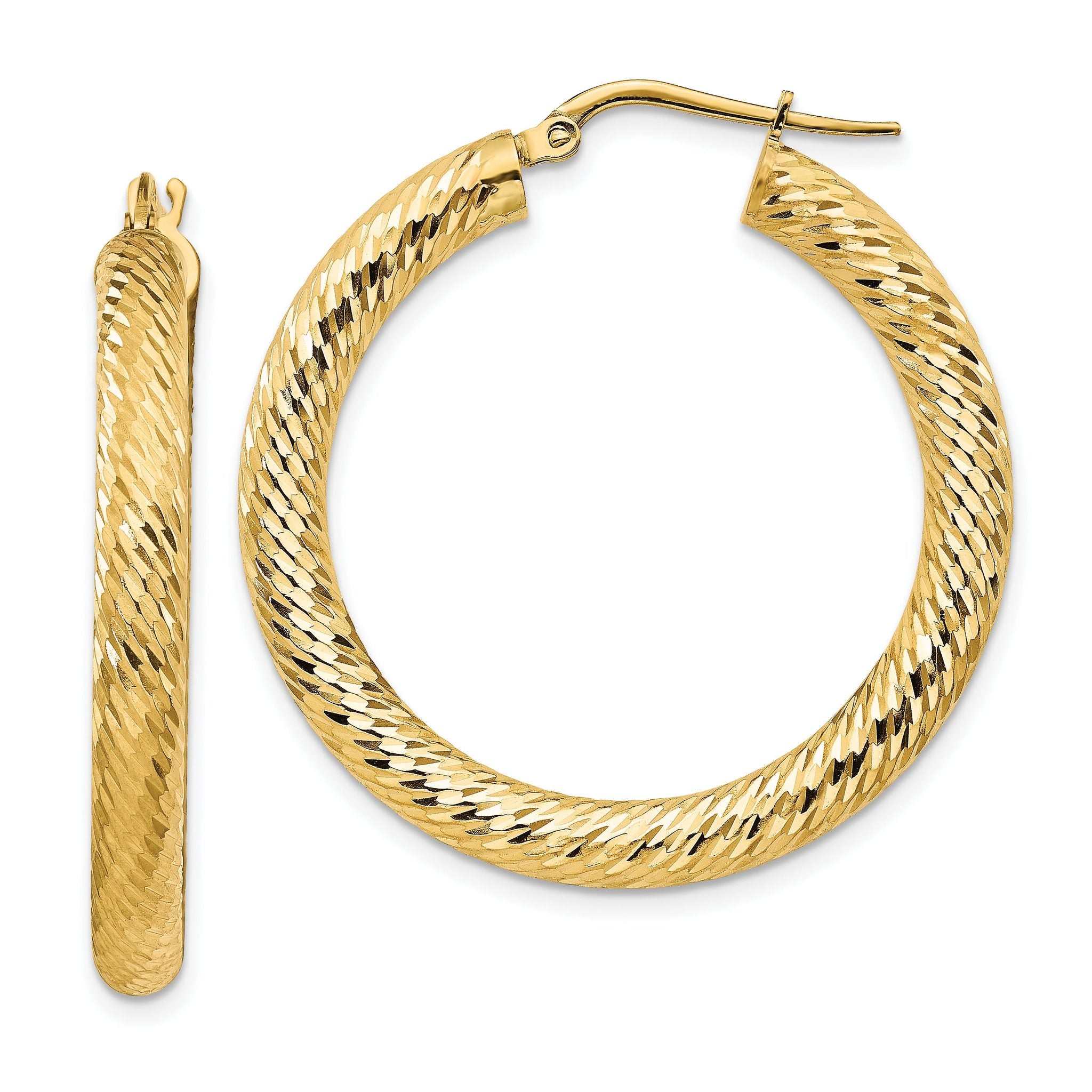 14k 4x25mm Diamond-cut Round Hoop Earrings