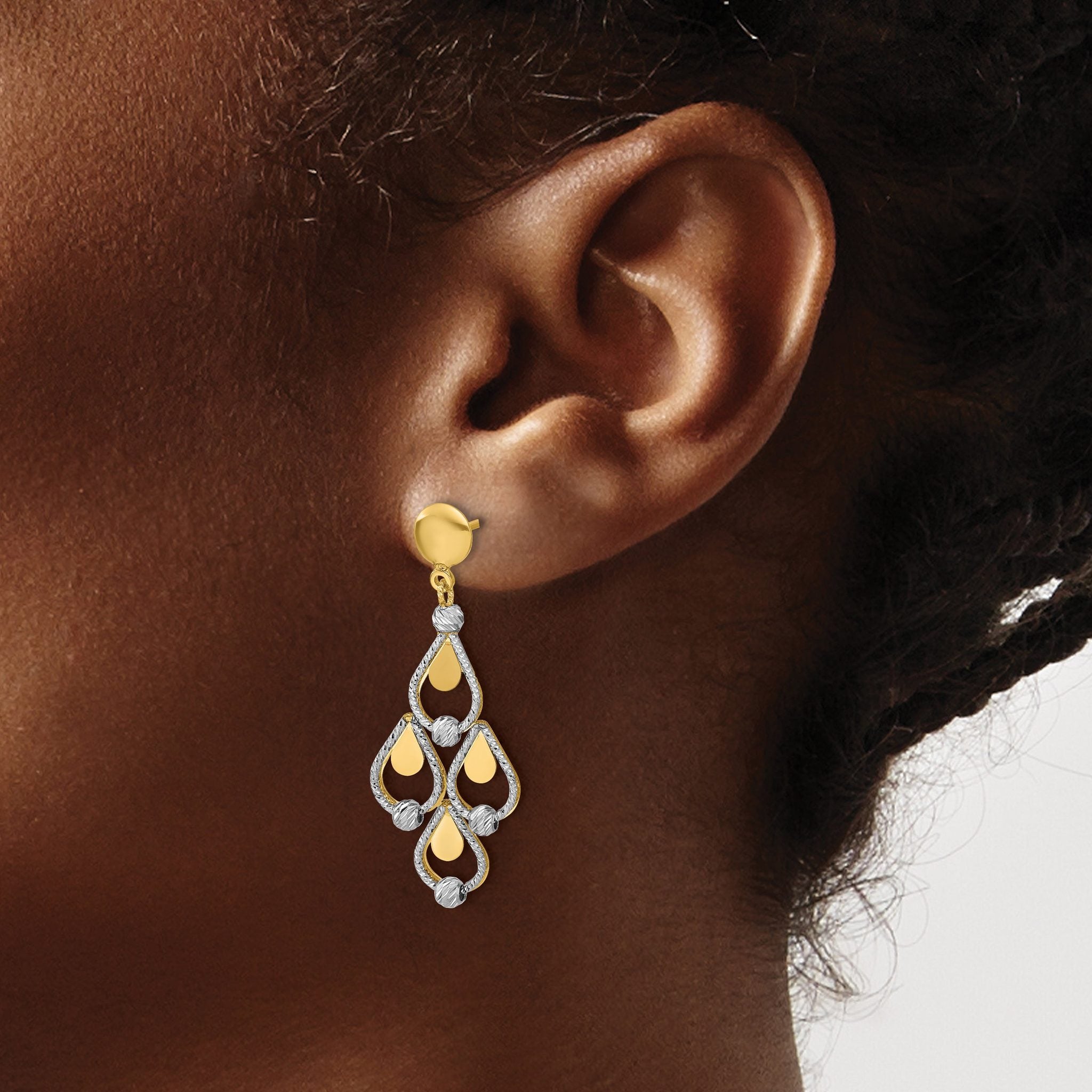 14K TT Polished / Dia-cut Chandelier Dangle Post Earrings