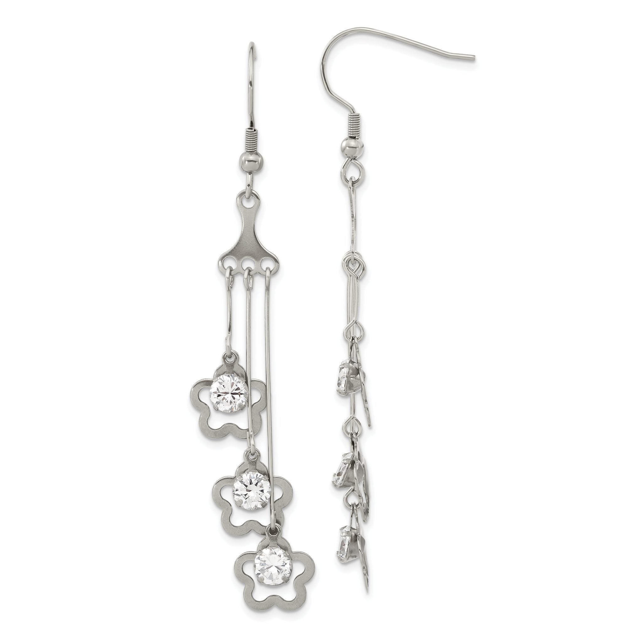 Stainless Steel Polished Flower Cubic Zirconia Drop Dangle Earrings for Women Main image