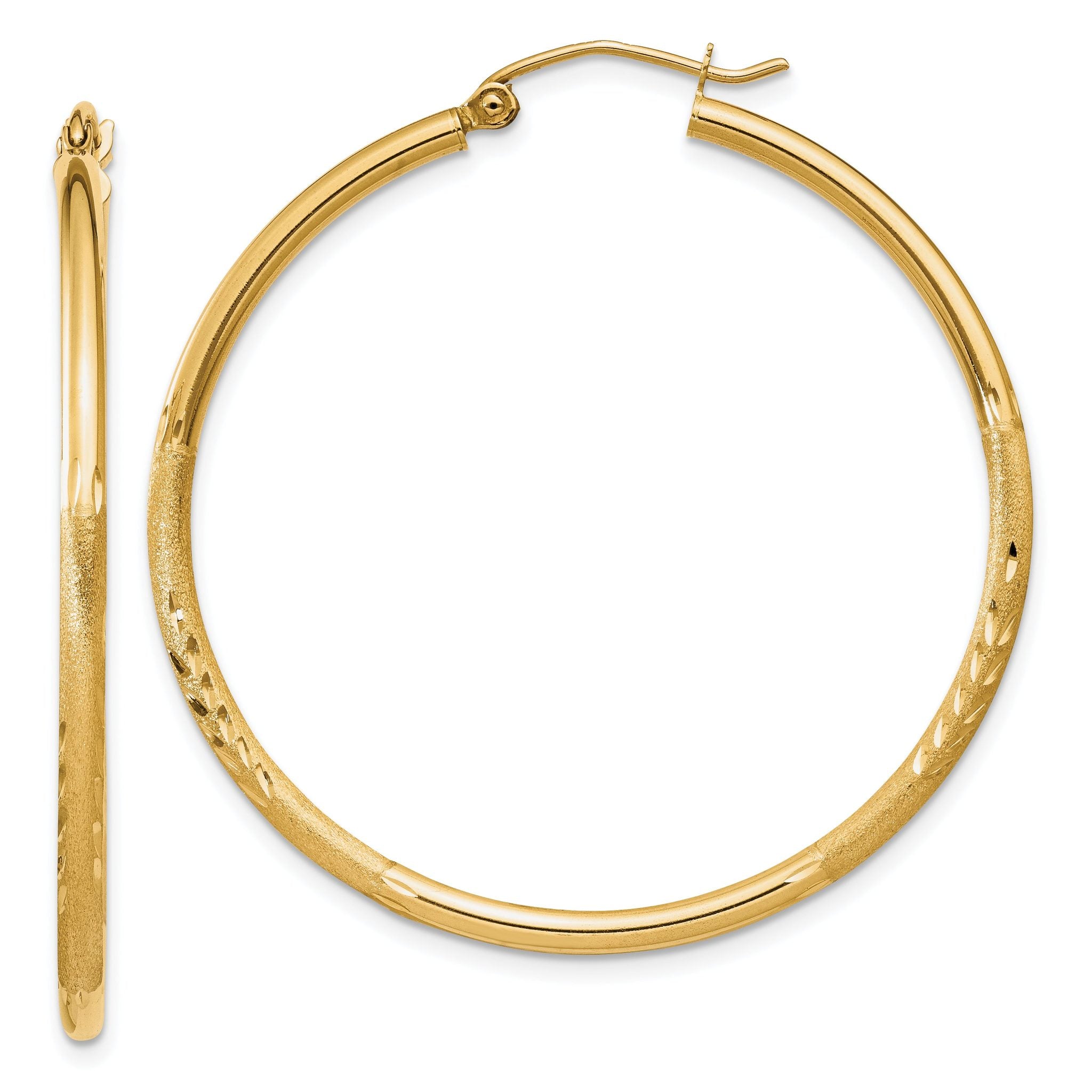 10k Satin and Diamond-cut 2mm Round Tube Hoop Earrings