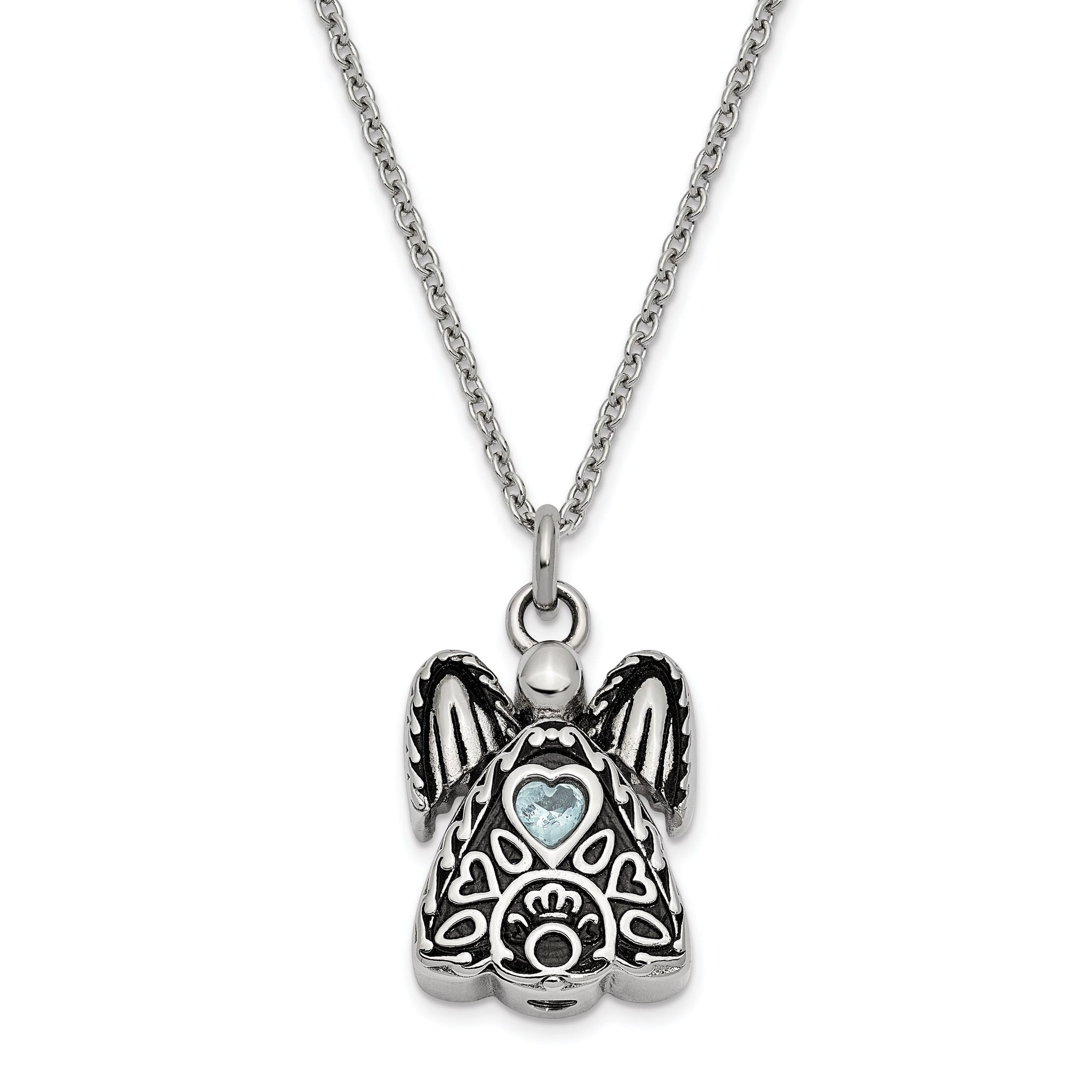 Sentimental Expressions Stainless Steel Light Blue CZ March Birthstone Antiqued Angel Ash Holder 18 inch Necklace Main image