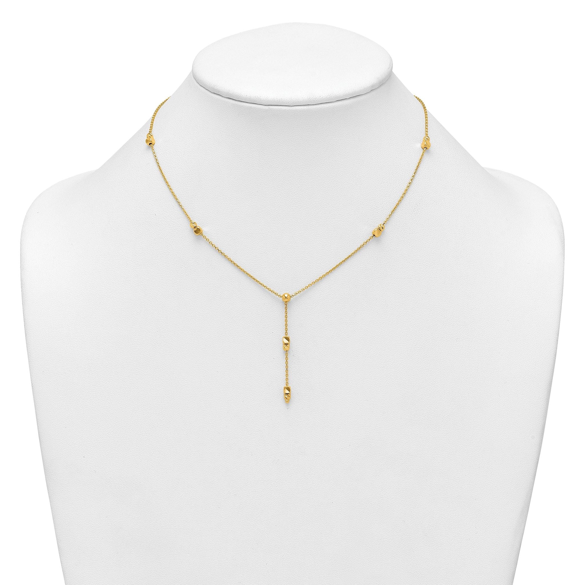 14K Polished Diamond-cut and Beaded 16 Inch Lariat Necklace Plus 2 Inch Extender