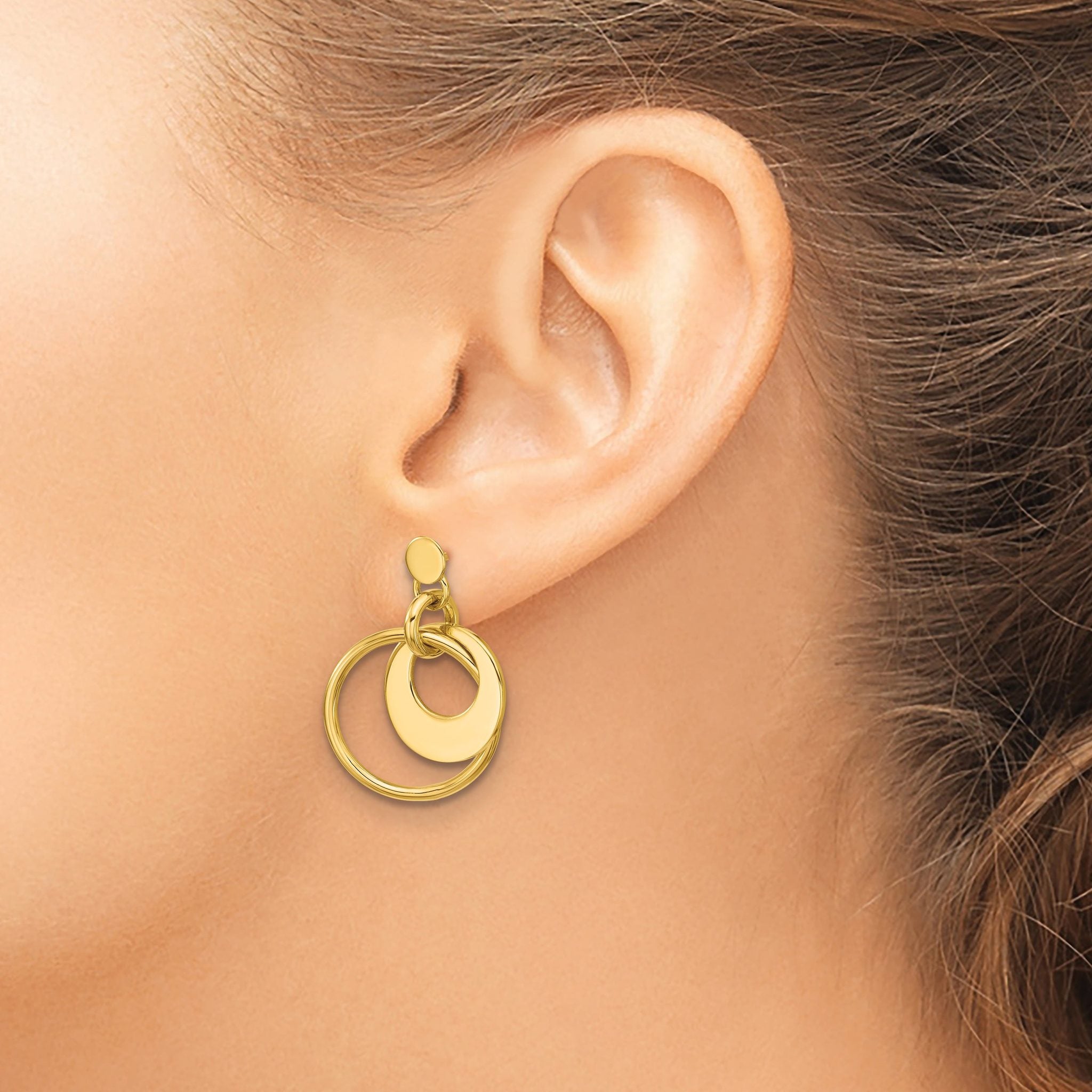14K Polished Fancy Double Circle Post Dangle Earrings