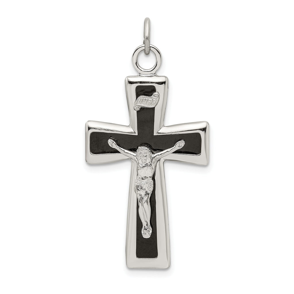 Sterling Silver 925 INRI Crucifix Pendant with Black Epoxy Detailing