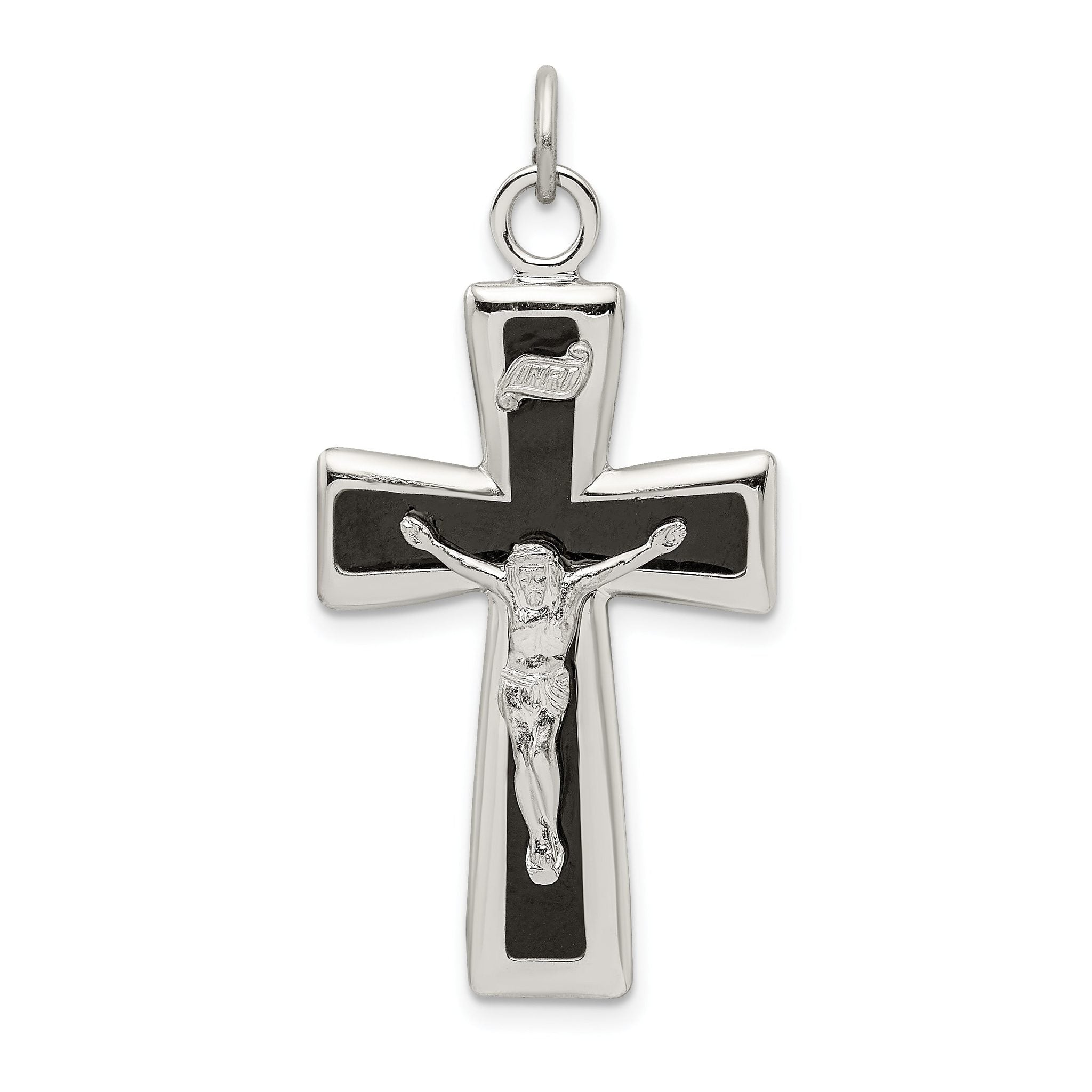 Sterling Silver 925 INRI Crucifix Pendant with Black Epoxy Detailing