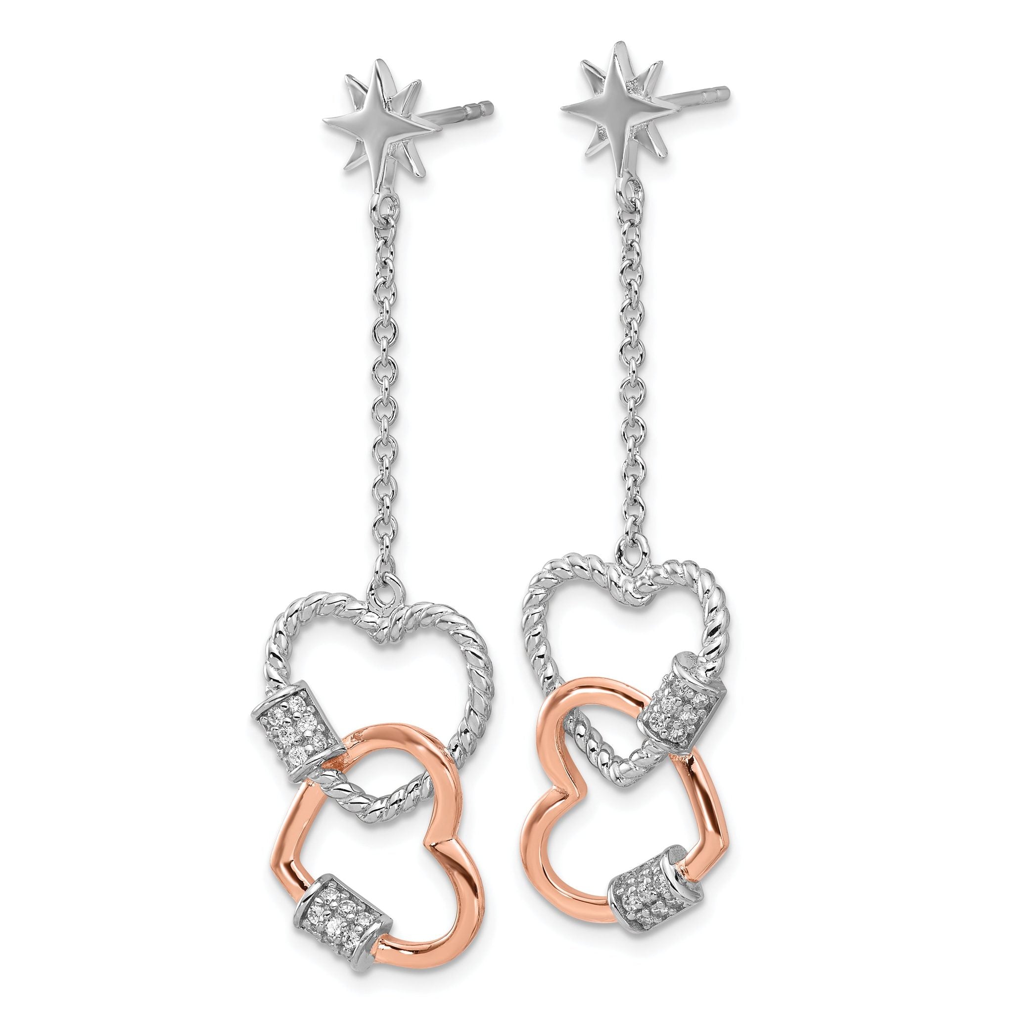 Pure Fire Sterling Silver Rhod-plated Rose-tone CZ Hearts Dangle Post Earri Secondary image