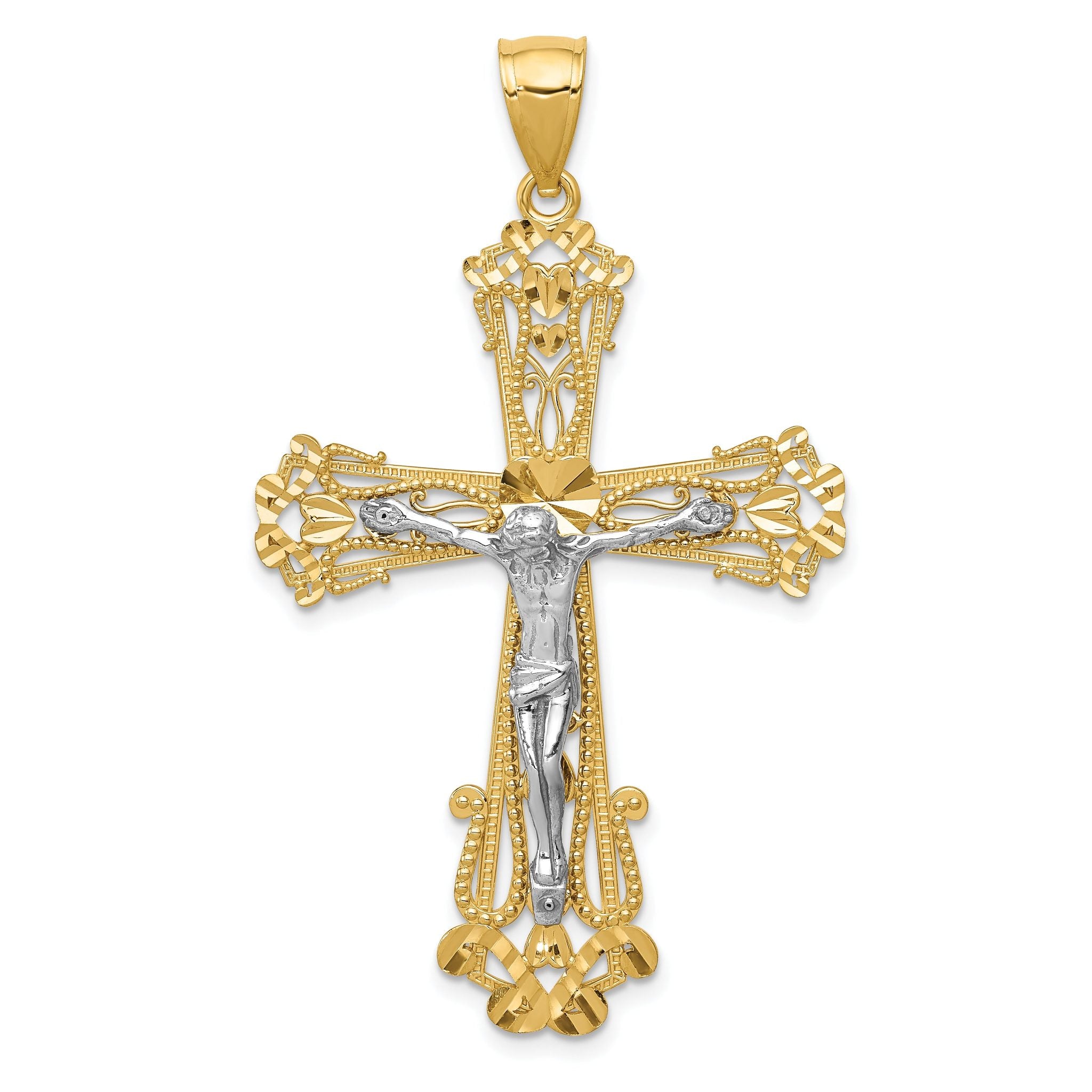 14K Two-Tone Gold Crucifix Pendant with Diamond-Cut Detailing 51mm Solid Design Main image