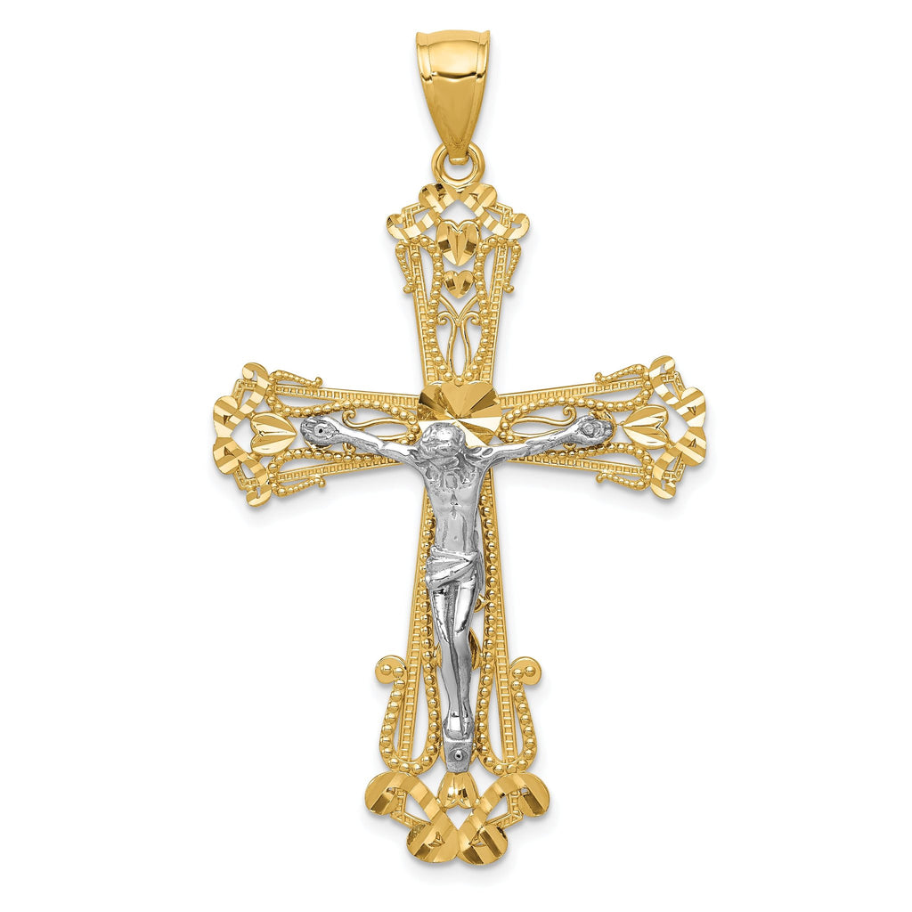 14K Two-Tone Gold Crucifix Pendant with Diamond-Cut Detailing 51mm Solid Design