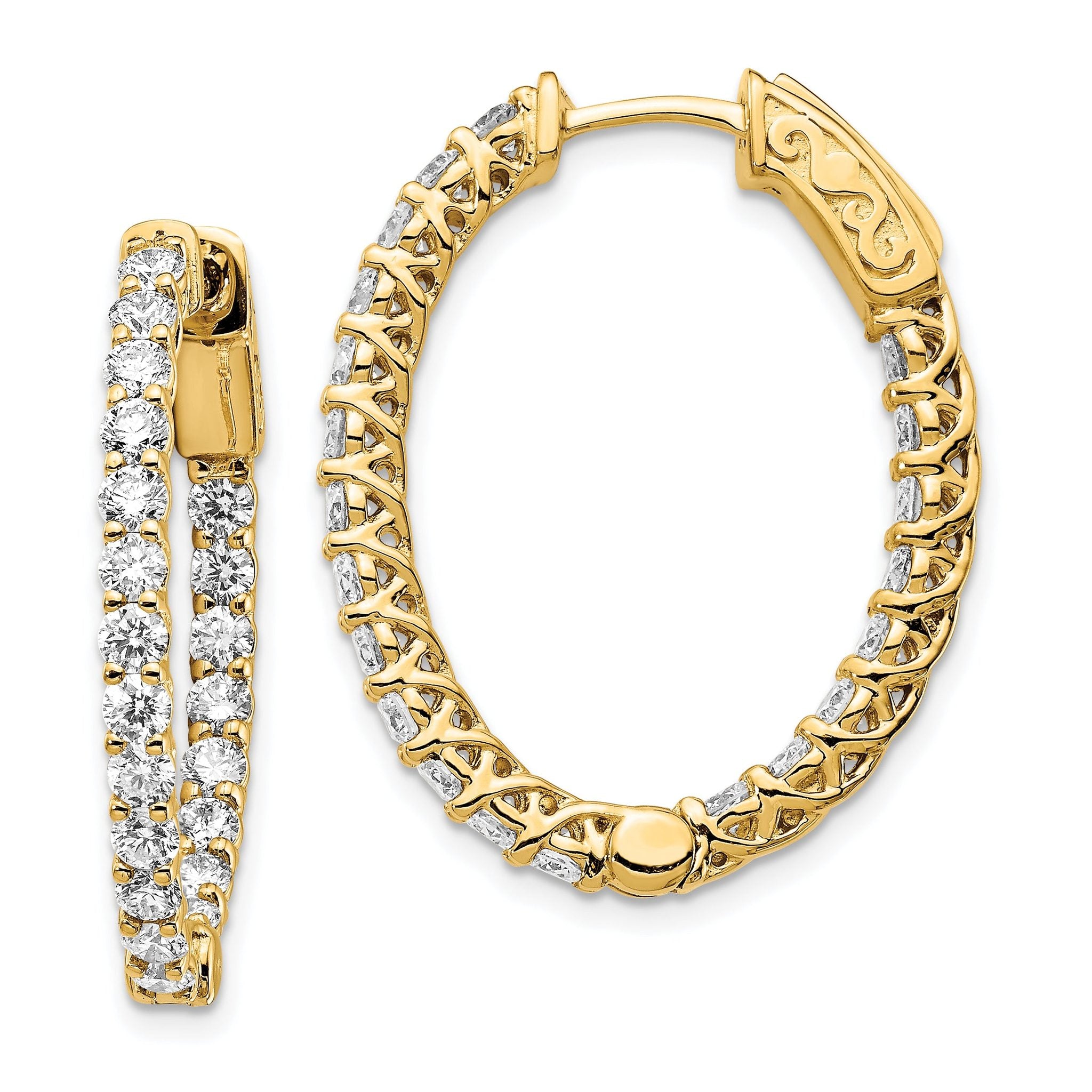 14k Yellow Gold 2 1/2 carat Lab Grown Diamond VS/SI+ G+ Oval In and Out Safety Clasp Hoop Earrings Main image