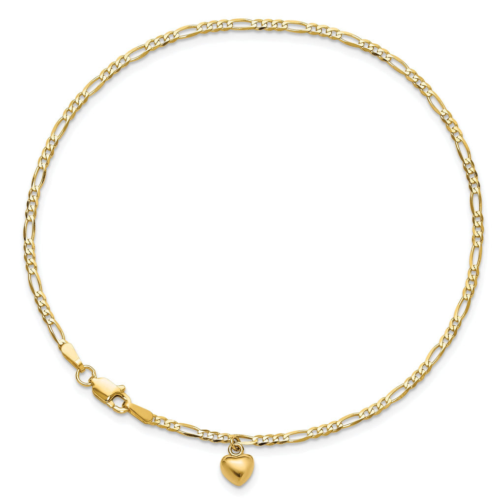 14k Figaro Link Chain with Dangling Puffed Heart 9 inch Anklet