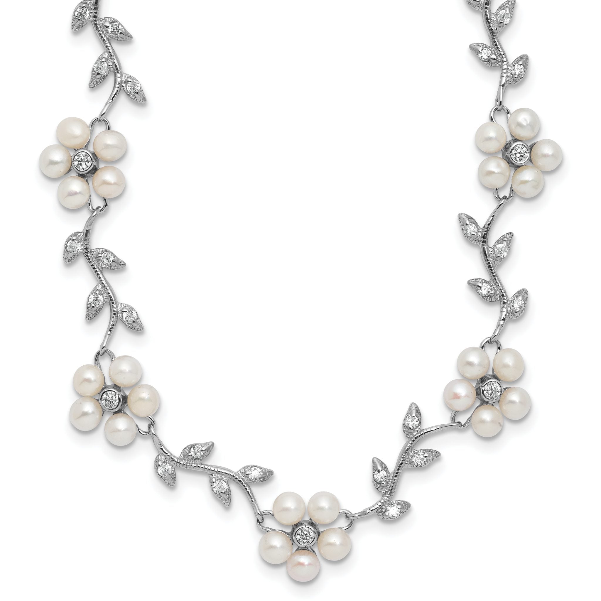 Sterling Silver Rhodium-plated CZ Vine Pattern and Fresheater Cultured Pearl Floral 16 inch Necklace Main image