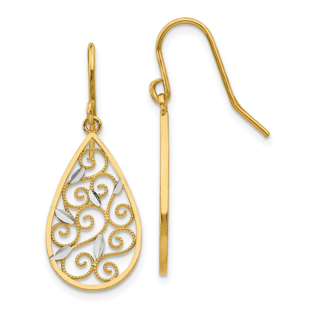 14K White Rhodium Diamond-Cut Filigree Teardrop Gold Earrings  Elegant Dangle Design