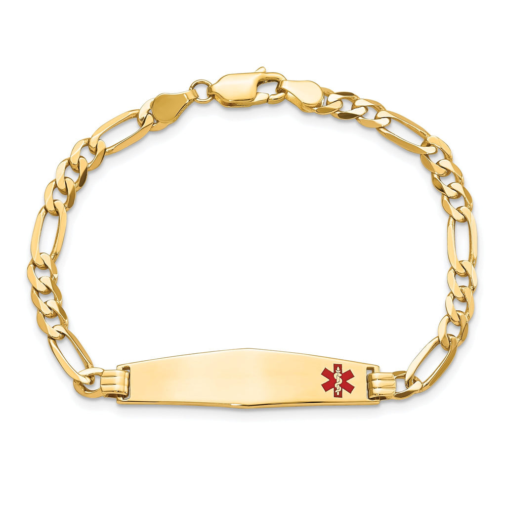 14K Medical Solid Chain/Solid Plate Soft Diamond Shape 33x8mm Off-Center Red Enamel Flat Figaro Link 8 inch ID Bracelet