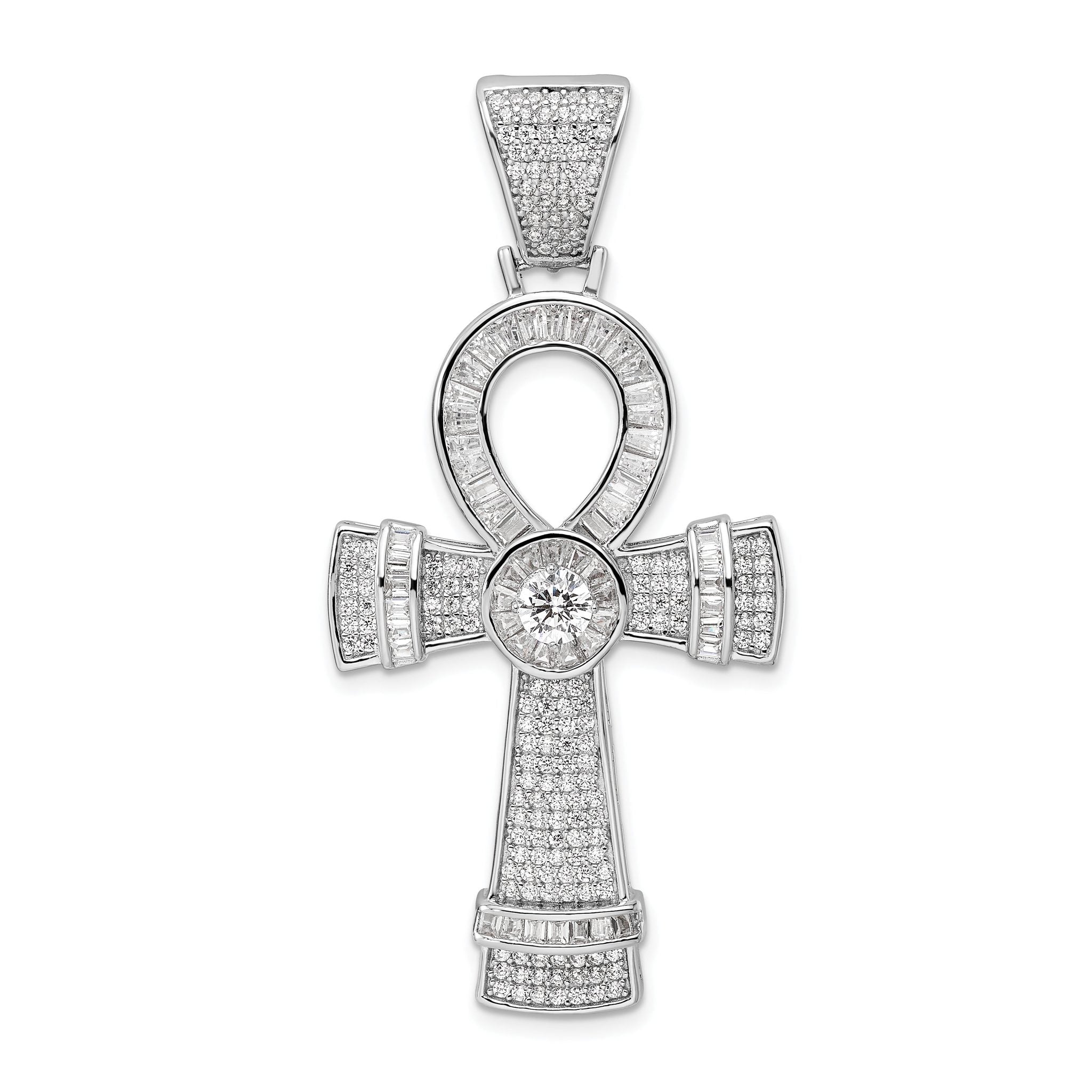 Sterling Silver Rhodium-plated Polished CZ Ankh Cross Pendant Main image