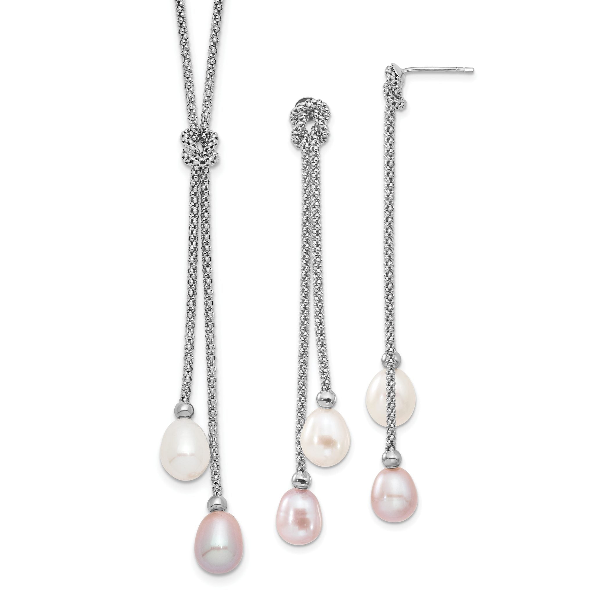 Sterling Silver Rhodium-plated 7-8mm Pink and White Teardrop Freshwater Cultured Pearl Knot 18 inch Necklace and Post Dangle Earrings Set Main image