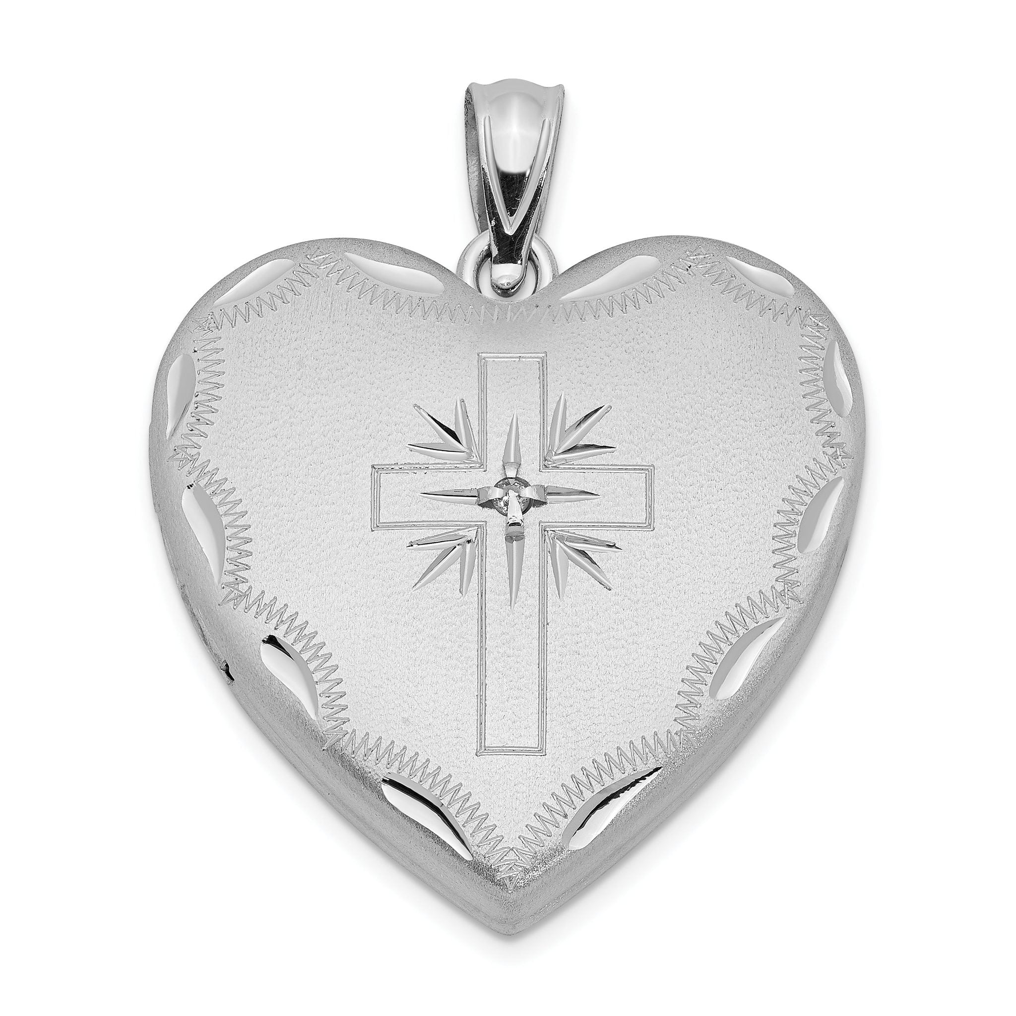 Sterling Silver RH-plated 24mm Satin & Diamond Cut  With  Diamond Cross Heart Locket Main image