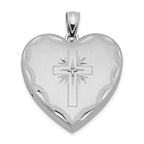Sterling Silver RH-plated 24mm Satin & Diamond Cut  With  Diamond Cross Heart Locket