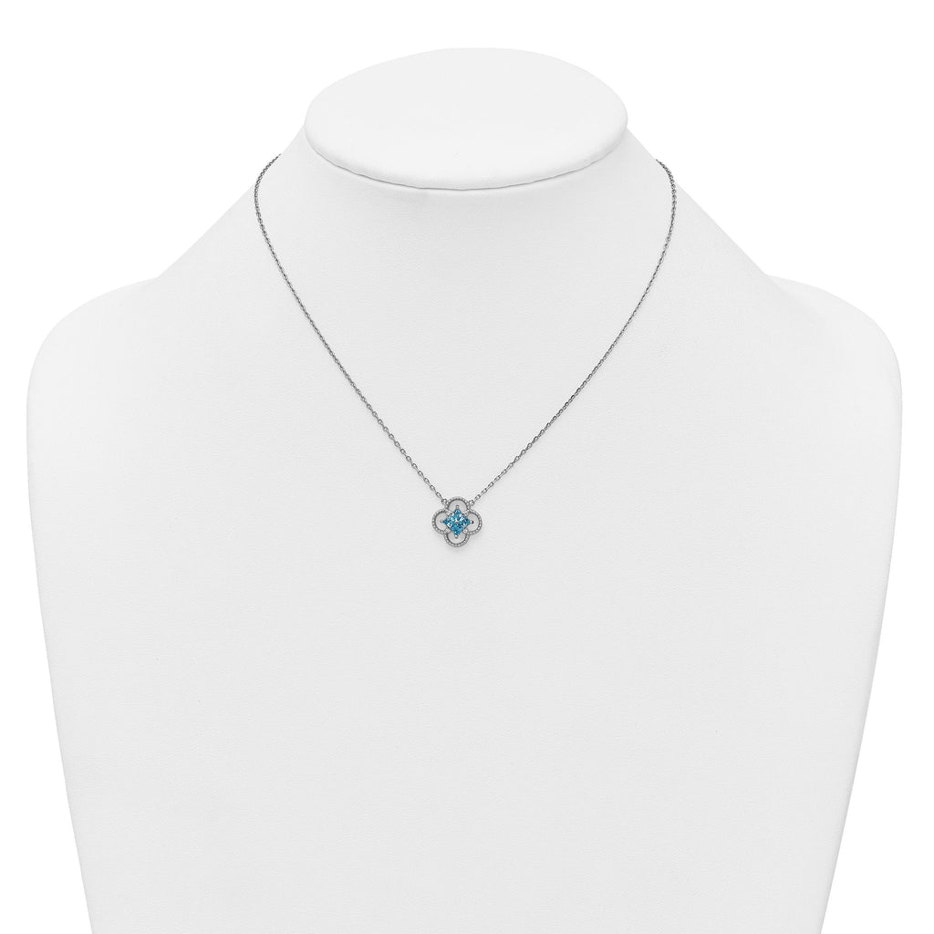 Sterling Silver Rhodium-plated Blue CZ Textured Clover Shape 16 inch with 1.5 inch Extension Necklace