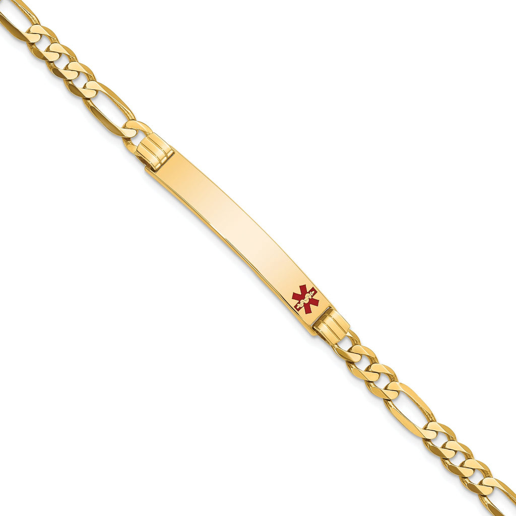 14K Medical Solid Chain/Solid Plate 37x6mm Off-Center Red Enamel Flat Figaro 8 inch Link ID Bracelet