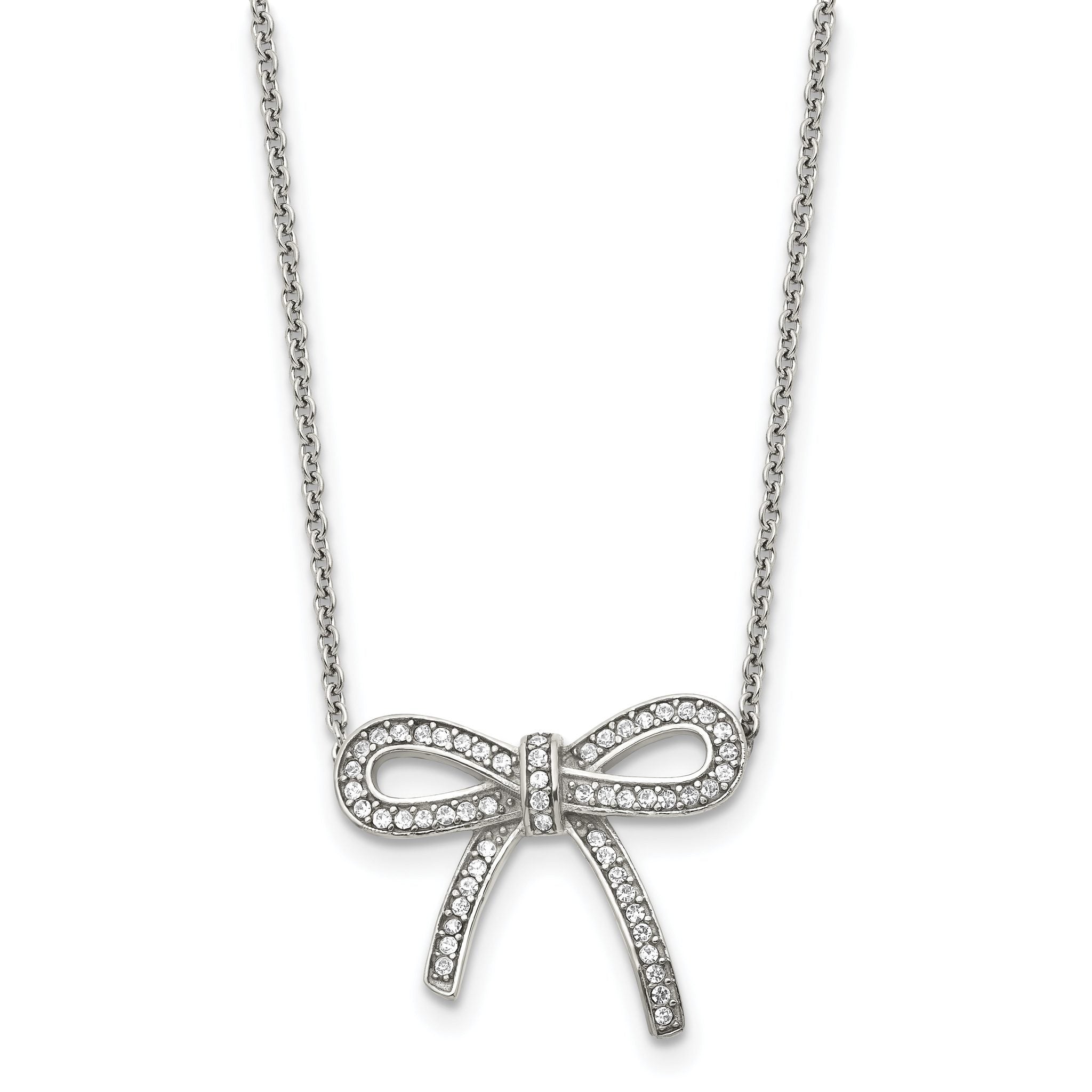 Stainless Steel Polished Crystal Bow 16.25in w/1.75in ext Necklace Main image
