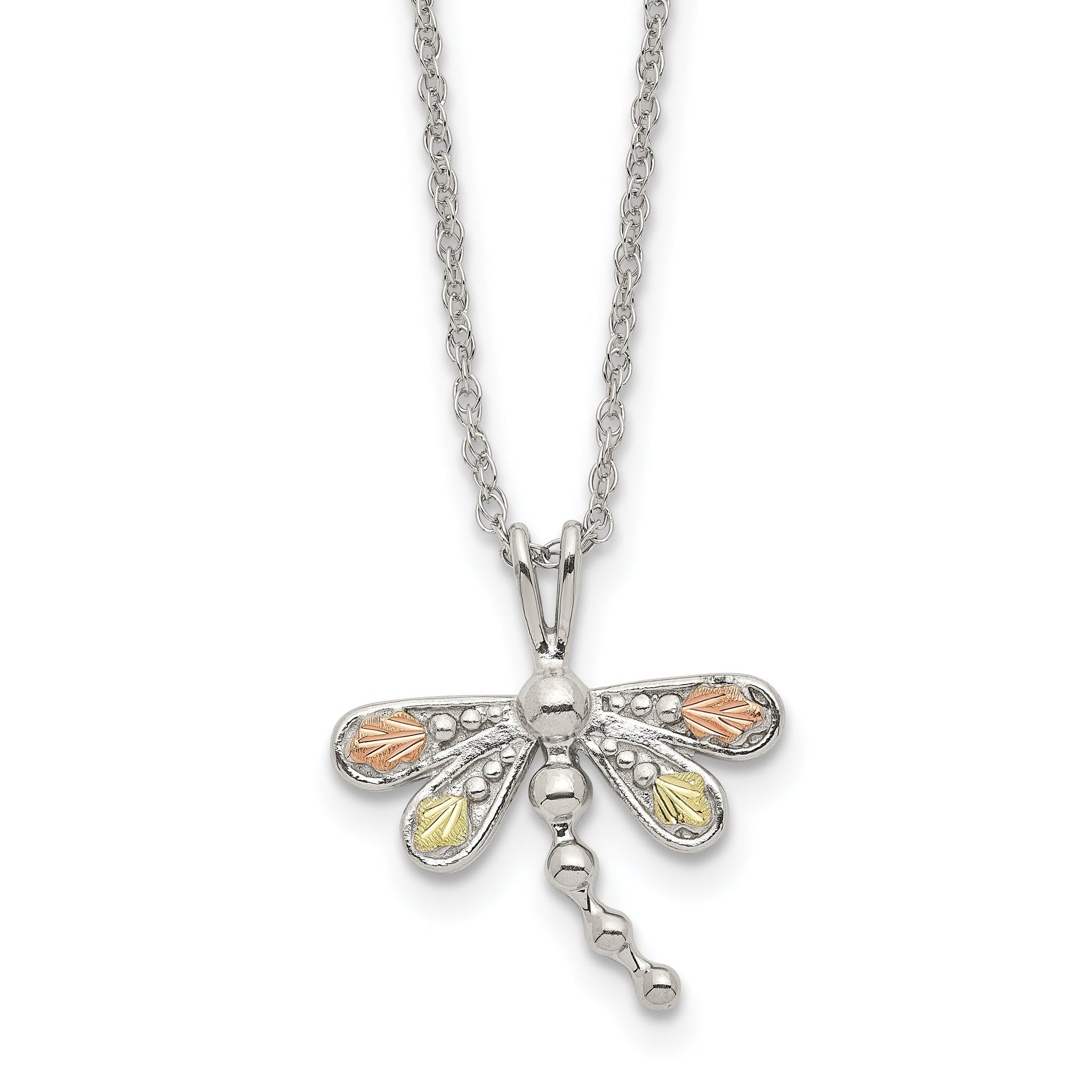 Sterling Silver Dragonfly Necklace with 12K Rose Gold Accents Elegant 18 Design