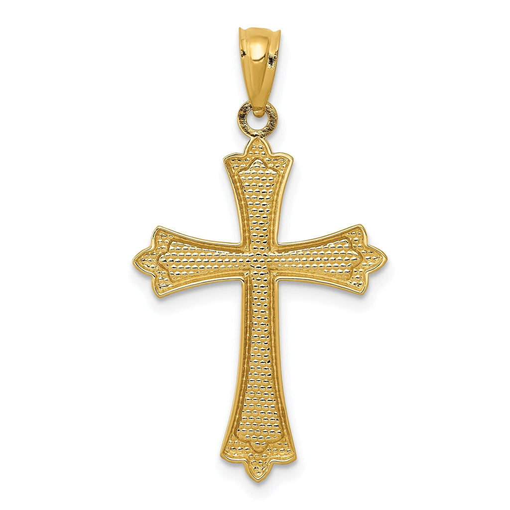 14K Yellow Gold Solid Budded Cross Pendant  Elegant Casted Design