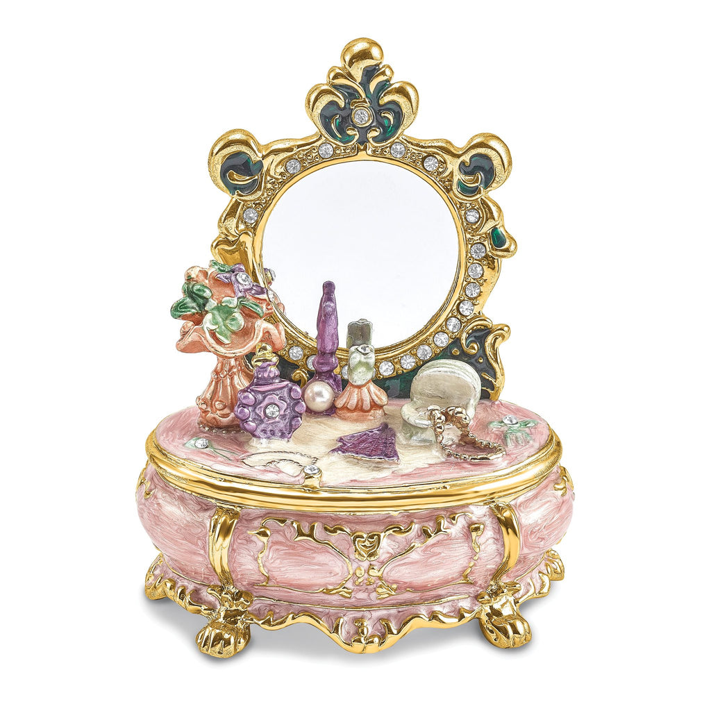 Luxury Giftware Pewter Bejeweled Crystals Gold-tone Enameled VANITY Dressing & Makeup Table Trinket Box with Matching 18 Inch Necklace