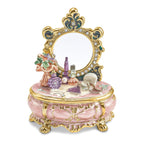 Luxury Giftware Pewter Bejeweled Crystals Gold-tone Enameled VANITY Dressing & Makeup Table Trinket Box with Matching 18 Inch Necklace