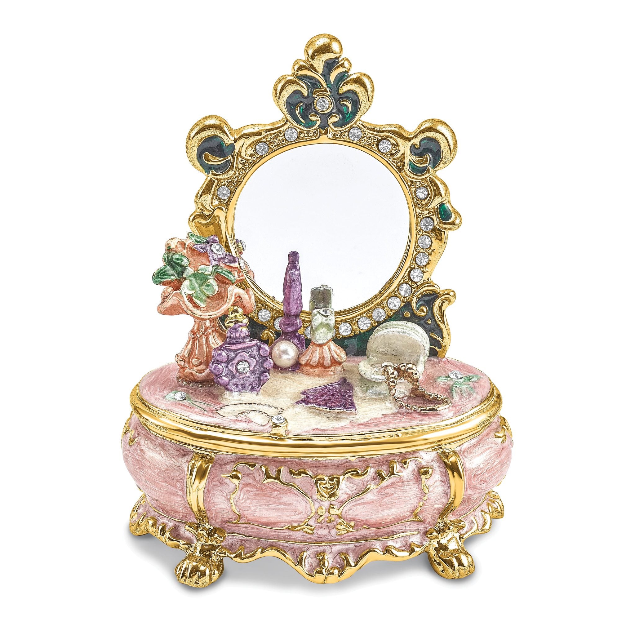 Luxury Giftware Pewter Bejeweled Crystals Gold-tone Enameled VANITY Dressing & Makeup Table Trinket Box with Matching 18 Inch Necklace