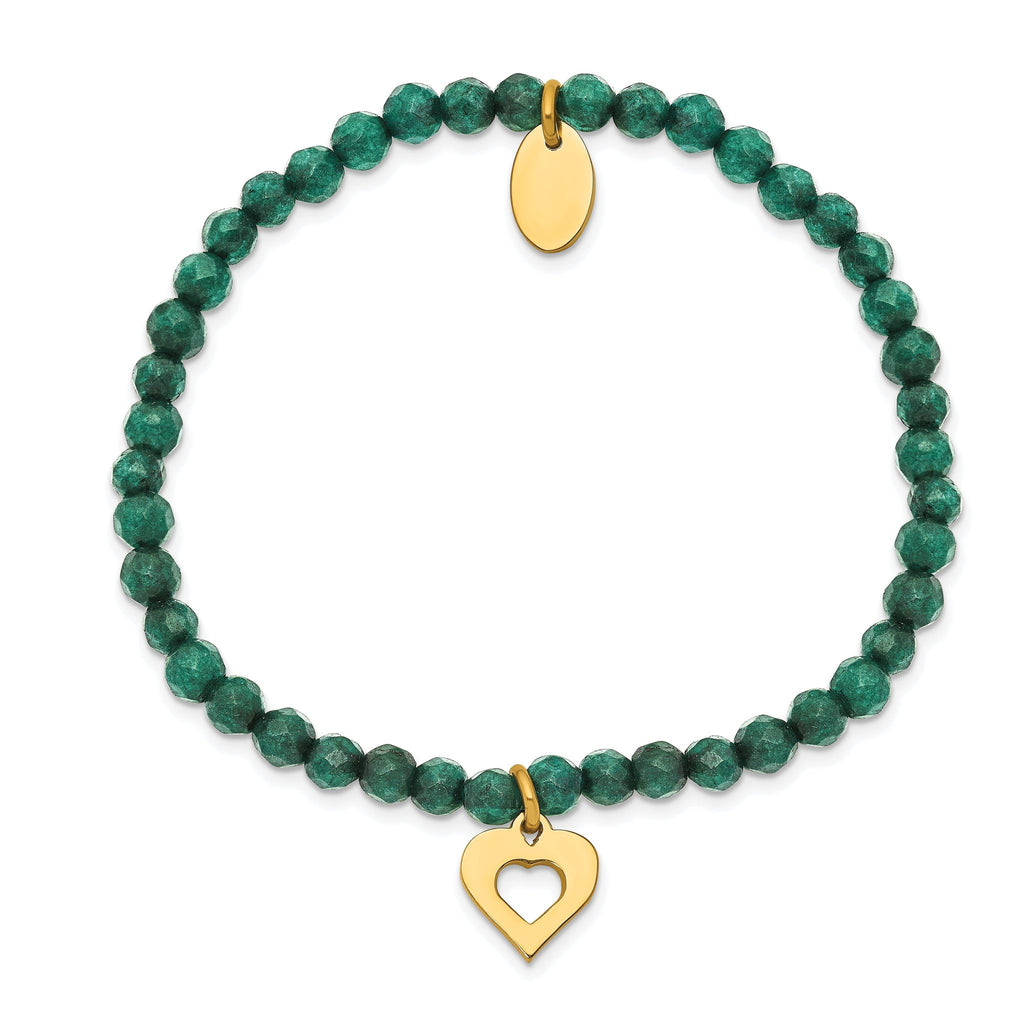 Stainless Steel Polished Yellow IP-plated Heart 4mm Green Jade Beaded Stretch Bracelet for Women